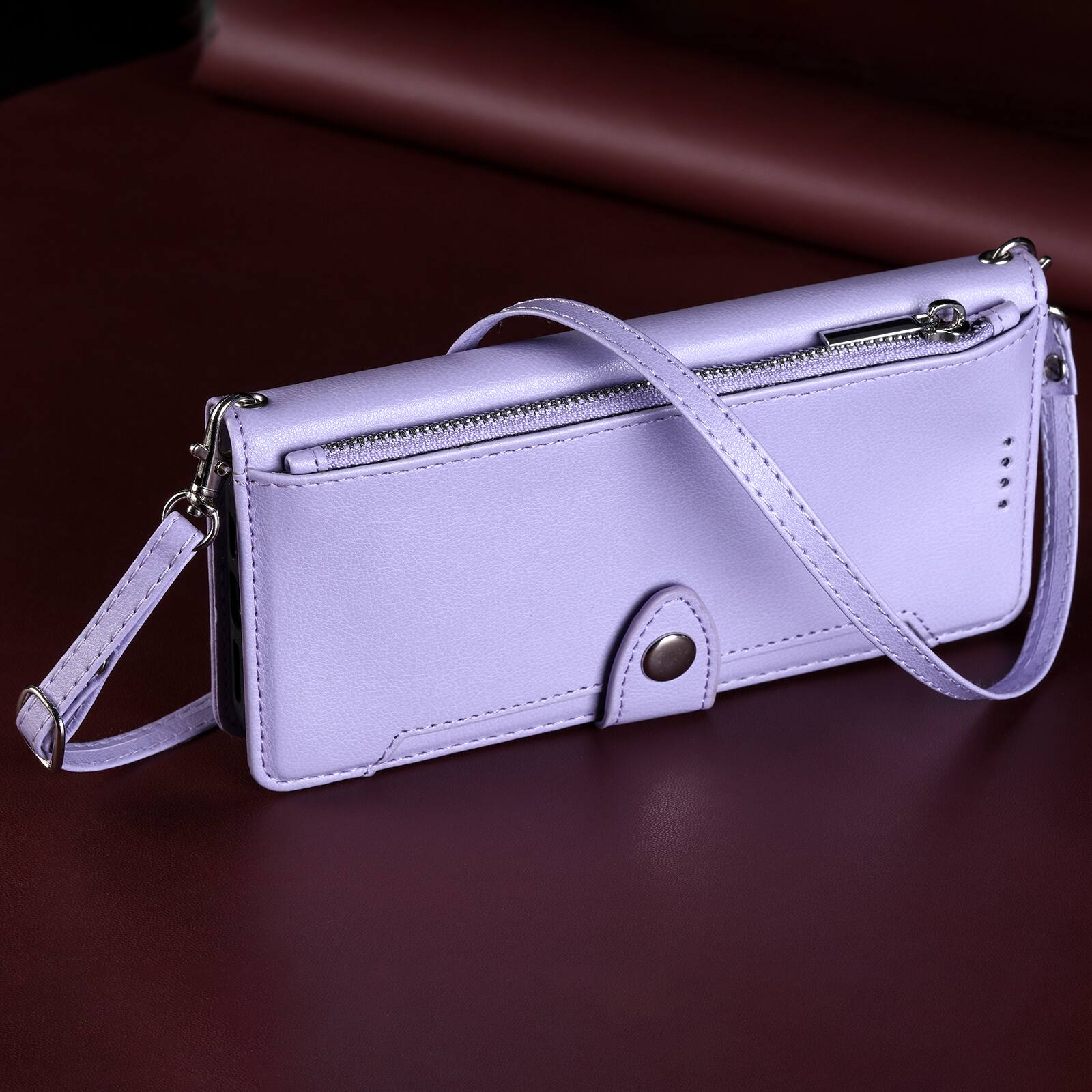 Left. Dteck - Wallet Case for Apple iPhone 17 Pro Max Crossbody Premium Leather Kickstand Zipper Card Slot Cover With Strap+Lanyard - Purple.