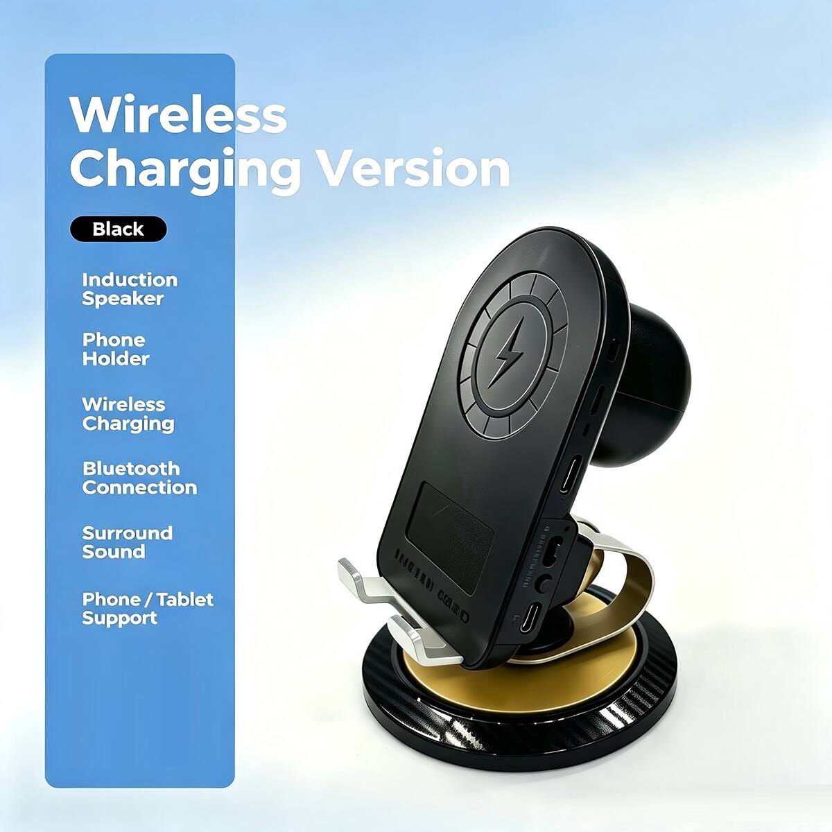 Wireless Charging Version Black  
Induction Speaker  
Phone Holder  
Wireless Charging  
Bluetooth Connection  
Surround Sound  
Phone/Tablet Support  
INGIAN crazo