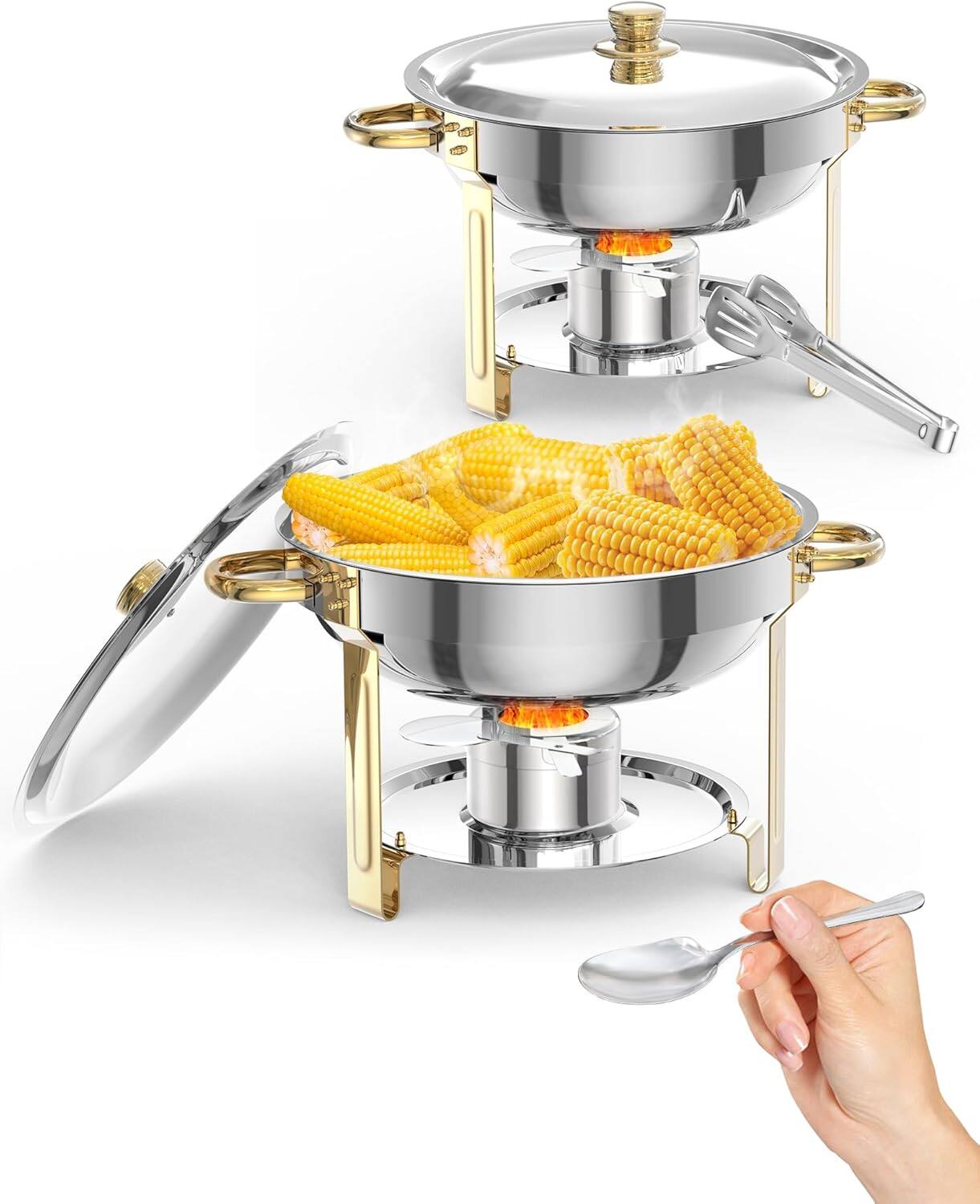 Front. Acekool - 2-Pack 5QT Round Chafing Dishes Buffet Set, Gold Stainless Steel Food Warmers w/ Lid Holder, Spoon & Tweezer - Gold.