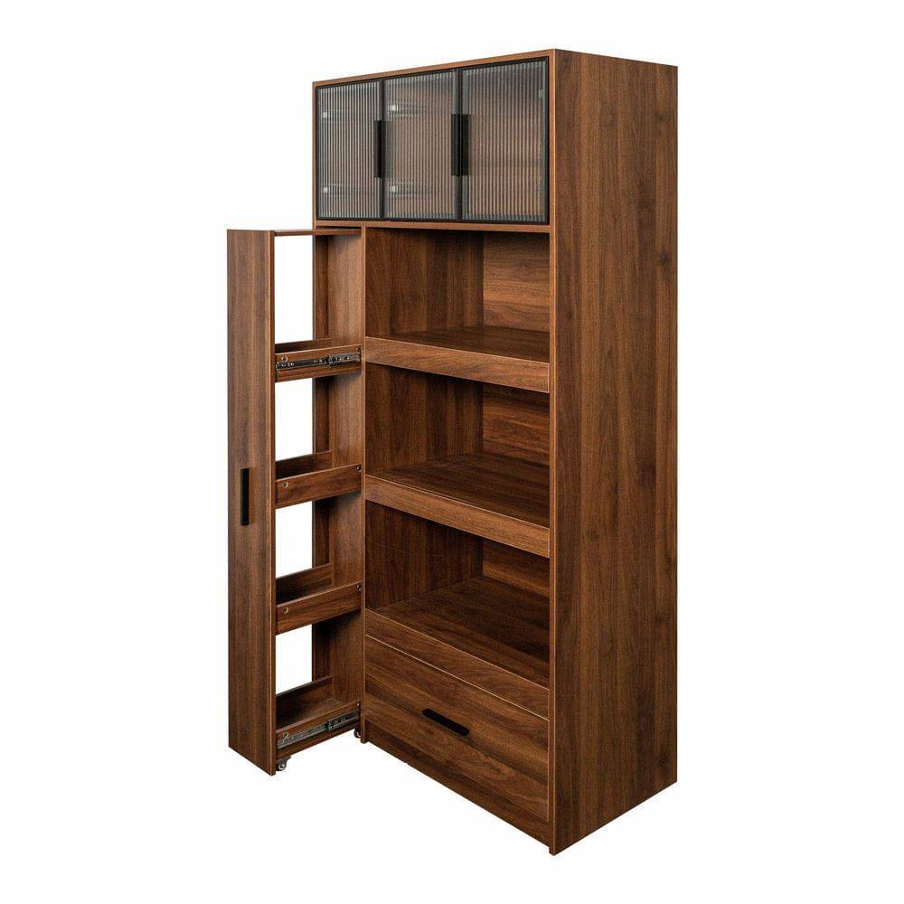 Alt View 8. Kadyn - 71-Inch Kitchen Pantry Cabinet with Aluminum Frame Glass Door - Walnut - Brown.