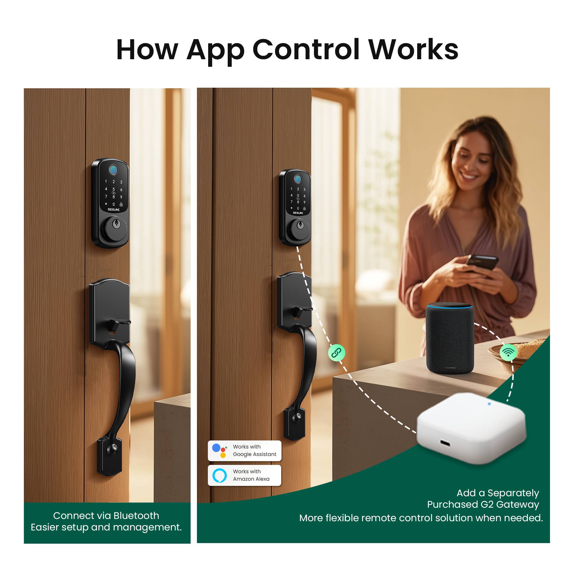 How App Control Works

- Connect via Bluetooth
  Easier setup and management.

- Works with Google Assistant
- Works with Amazon Alexa

- Add a Separately Purchased G2 Gateway
  More flexible remote control solution when needed.