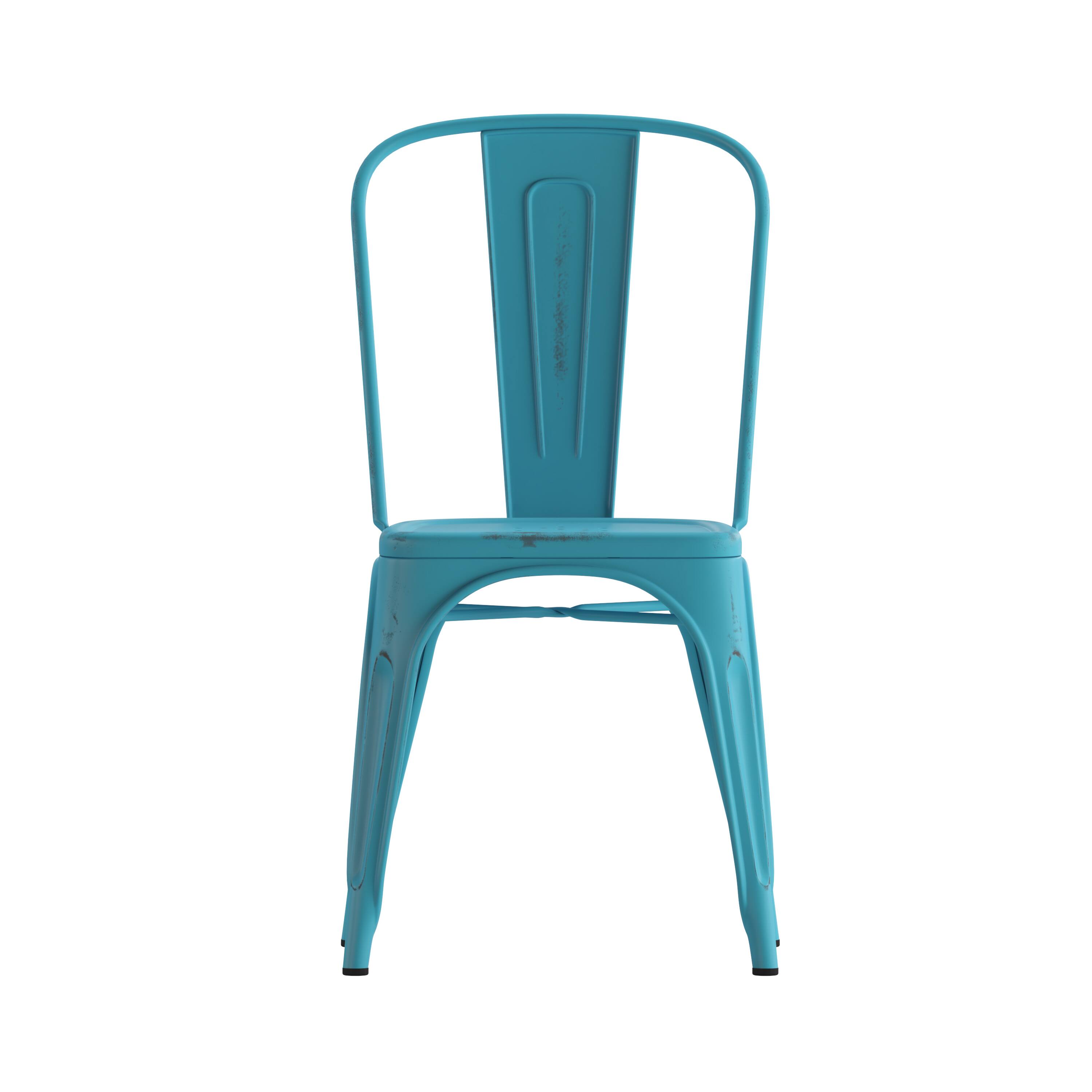 Alt View 10. Emma + Oliver - Commercial Grade 4 Pack Distressed Metal Indoor-Outdoor Stackable Chair - Blue.
