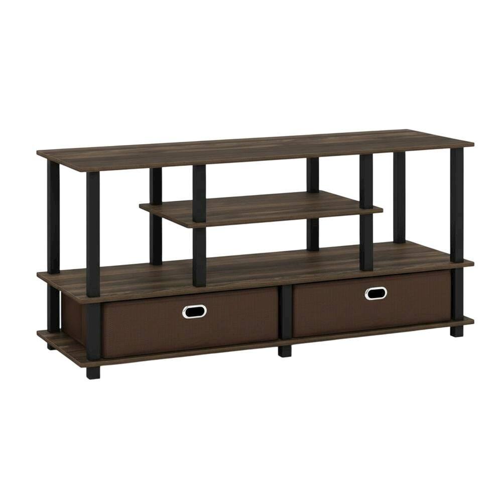 Alt View 3. FurniFact - Wood TV stand for up to 50-inch with storage bin in dark brown and black finish - Brown Black.