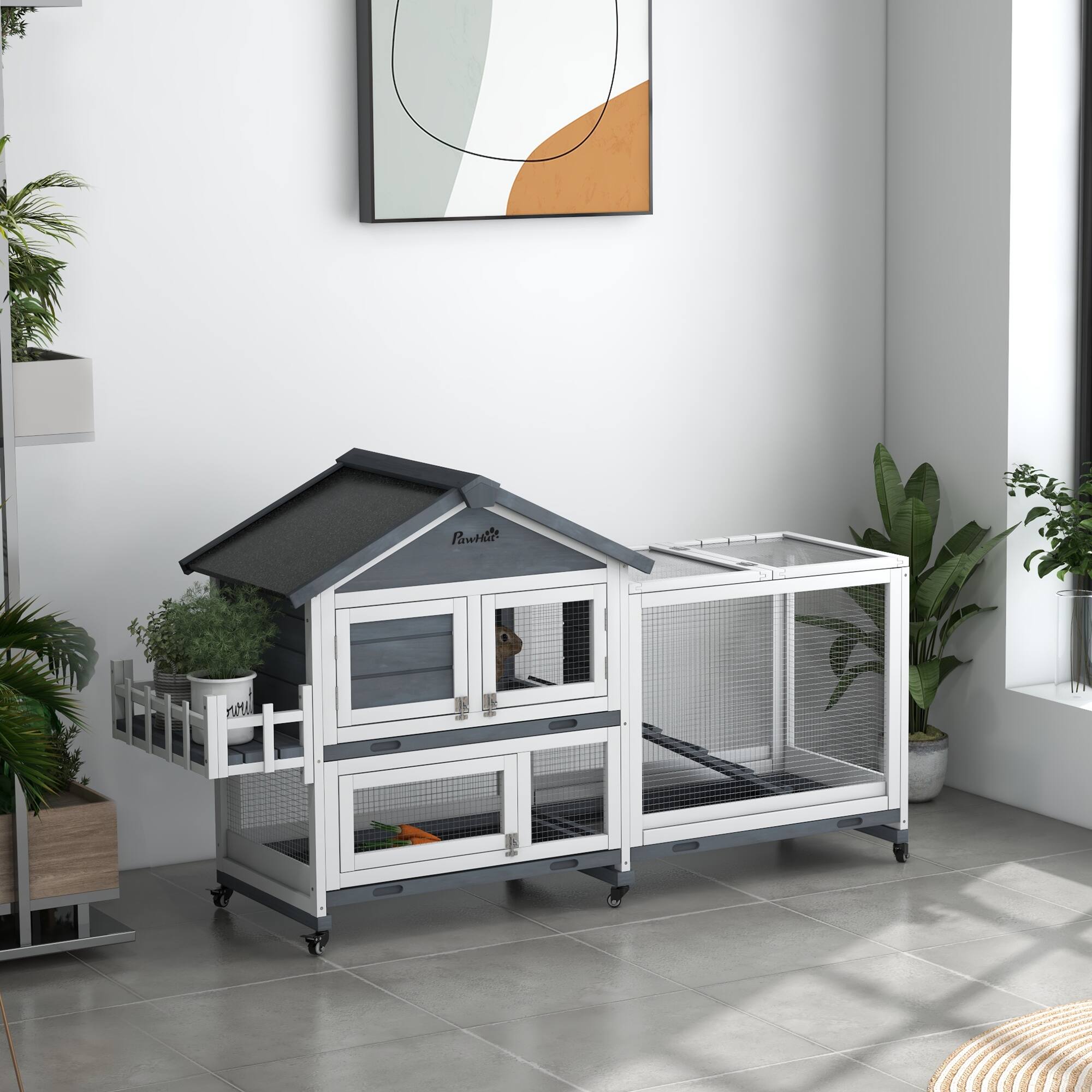 Angle. Pawhut - 65" Gray Wooden Rabbit Hutch & Guinea Pig Hutch, Pet Playpen with Openable Roof, Bunny House Enclosure on Wheels.