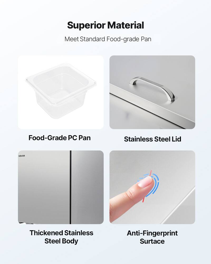 Superior Material  
Meet Standard Food-grade Pan

- Food-Grade PC Pan
- Stainless Steel Lid
- Thickened Stainless Steel Body
- Anti-Fingerprint Surface