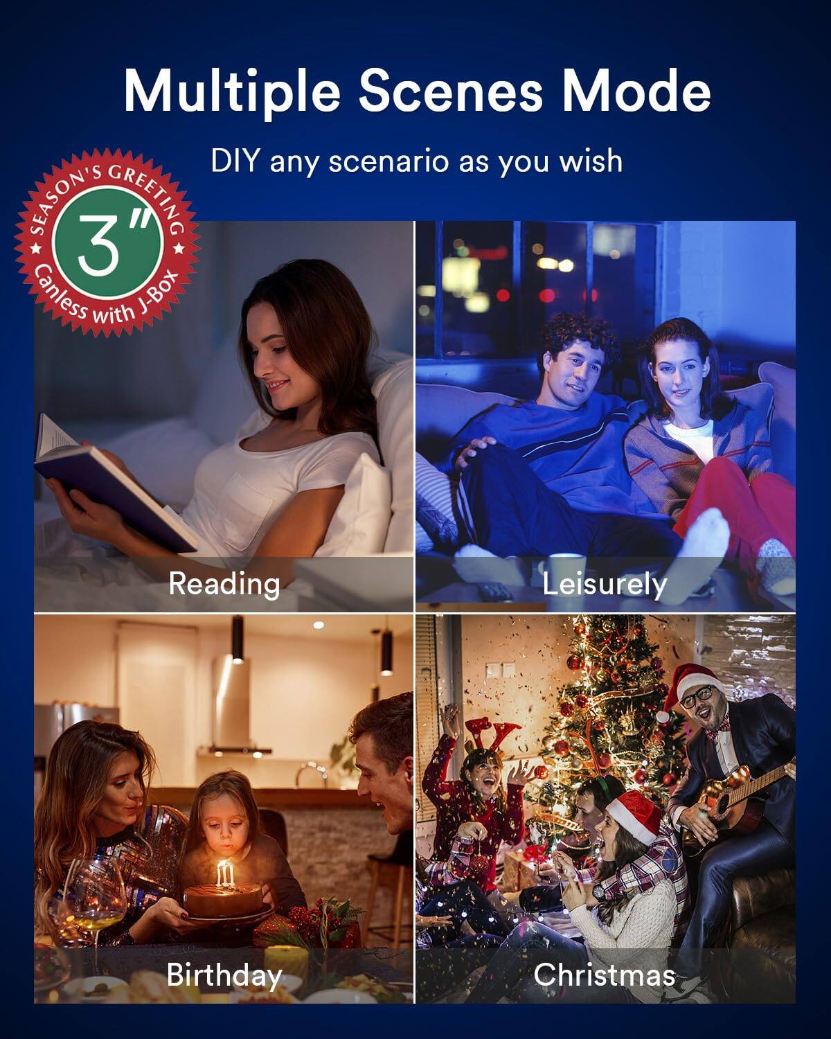 Multiple Scenes Mode  
DIY any scenario as you wish  

SEASON'S GREETING  
3" Canless with J-Box  

Reading  
Leisurely  
Birthday  
Christmas