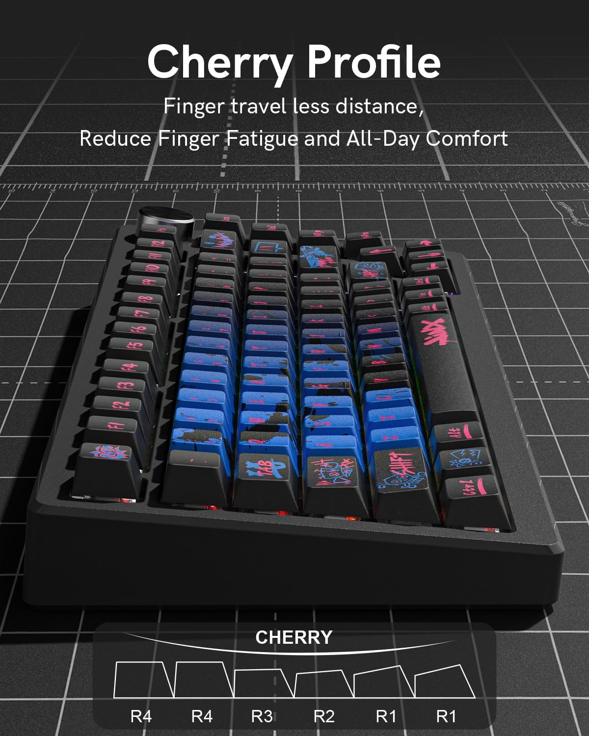 Cherry Profile  
Finger travel less distance, Reduce Finger Fatigue and All-Day Comfort  

F28 F7 F6 25 F4 F3 F2 F1 R6  
Btrl CHERRY R4 R4 R3 R2 R1 R1
