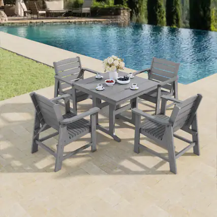 Front. Fortune Candy - Modern HDPE Patio Dining Set, 5-Piece Poly Lumber Table & Chairs with Umbrella Hole, Weather-Resistant for Yard & Lawn - Gray.