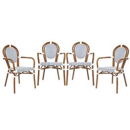 Emma + Oliver - Colmar Set of Four Indoor/Outdoor Stacking Thonet Bistro Style Chairs with Arms, PE Rattan Seat and Finished Metal Frame - White & Navy/Natural Frame