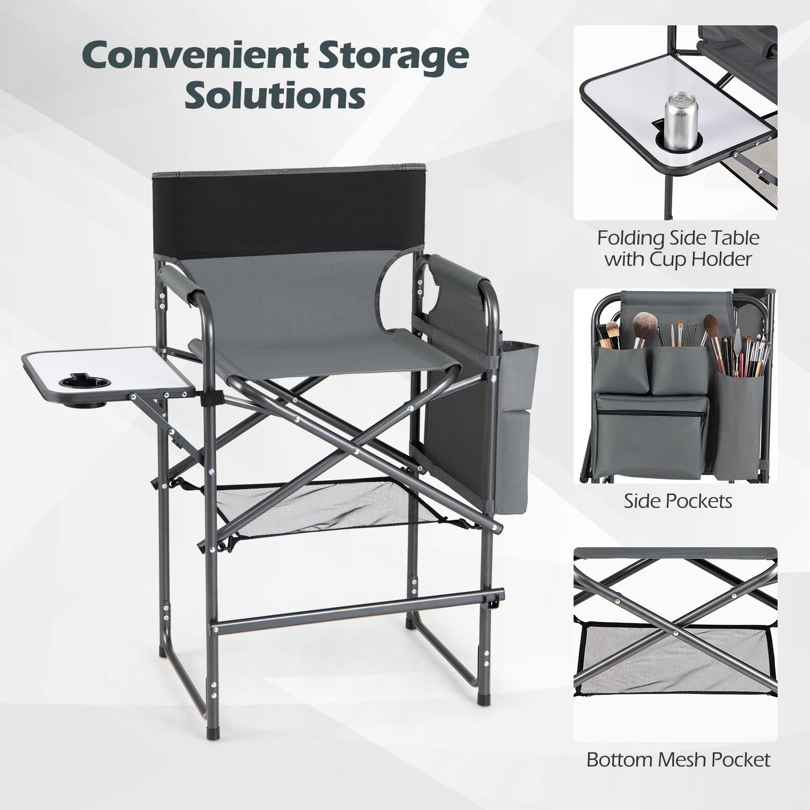 Convenient Storage Solutions

- Folding Side Table with Cup Holder
- Side Pockets
- Bottom Mesh Pocket