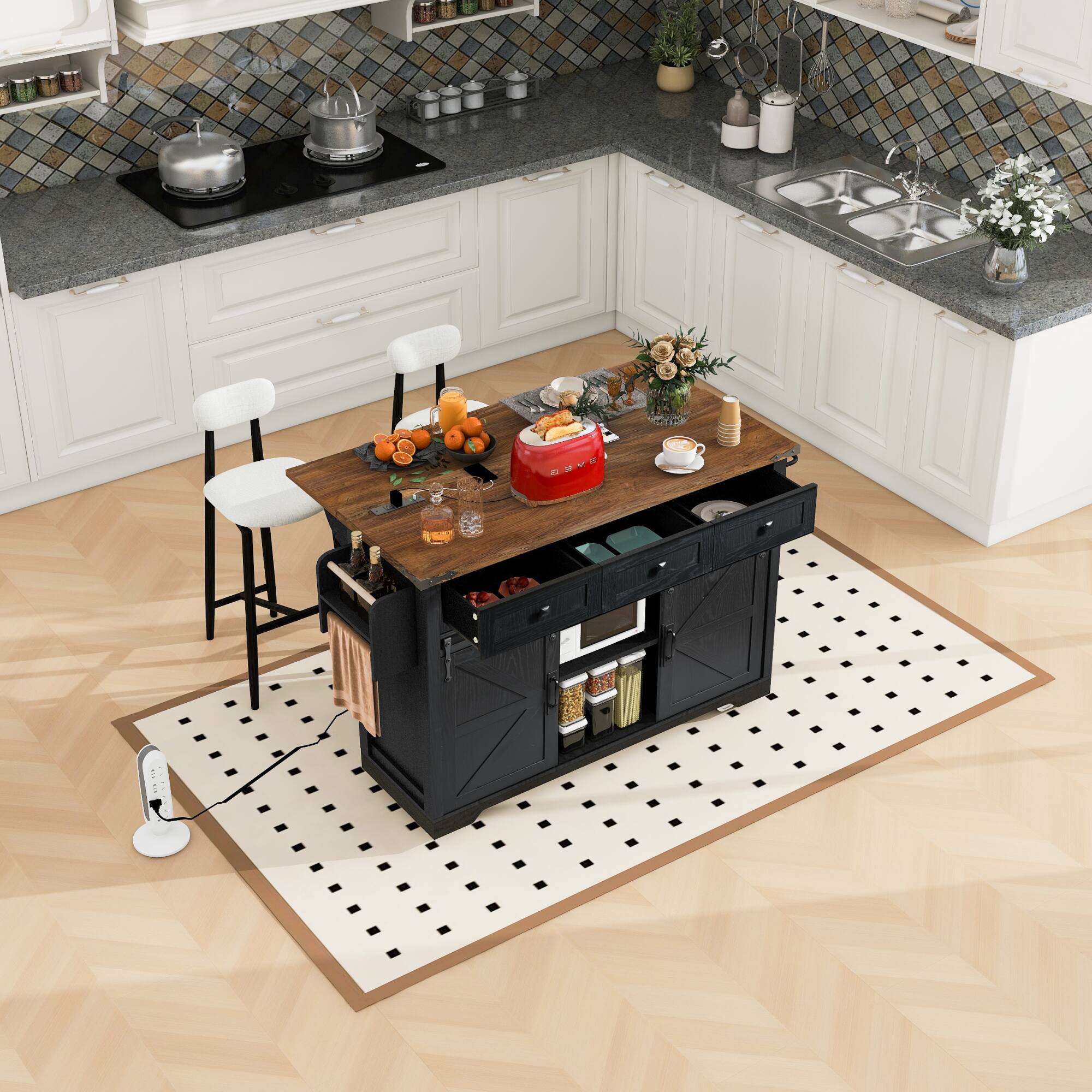 Alt View 4. ELEMENT ACE - Farmhouse Kitchen Island with Power Outlet, Drop Leaf, and Sliding Barn Doors for Versatile Storage - Black.