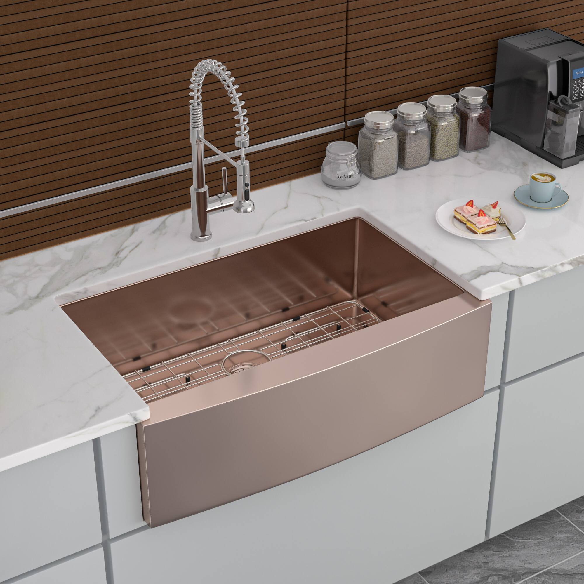 Angle. Siljoy - 33 Rose Gold Farmhouse Sink - 33*21*10 Inch Kitchen Sink Stainless Steel 16 gauge Apron Front Kitchen Sink - Rose Gold.
