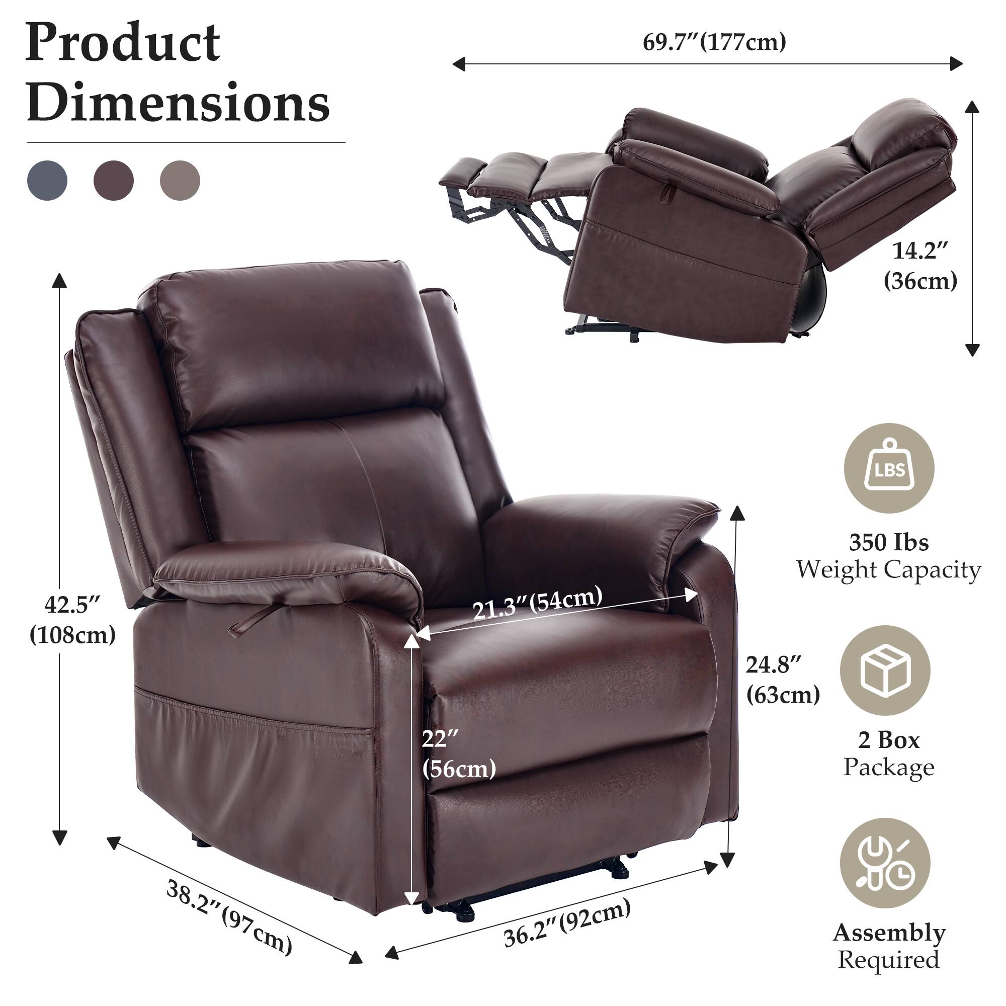 Product Dimensions  
- Length: 69.7" (177cm)  
- Width: 38.2" (97cm)  
- Height: 42.5" (108cm)  
- Seat Depth: 24.8" (63cm)  
- Seat Width: 22" (56cm)  
- Armrest Height: 14.2" (36cm)  
- Armrest Width: 21.3" (54cm)  

Weight Capacity: 350 lbs  

Package: 2 Box  

Assembly Required