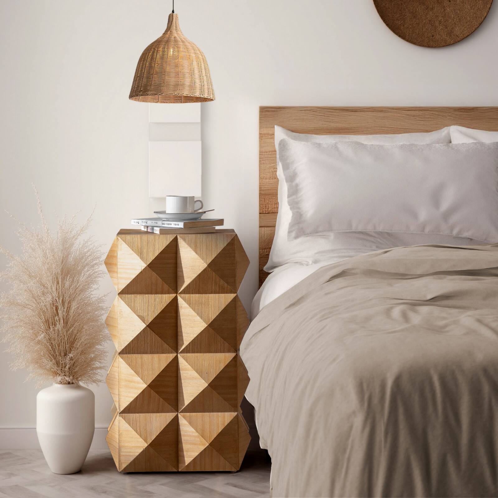 Alt View 3. Ecooso - 23.62"Height Three-dimensional Embossed Pattern Design Retro Side Table Retro Wooden Nightstand - Natural.