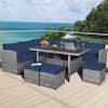 Front. Gymax - Gymax 7PCS Rattan Patio Sectional Sofa Set Conversation Set w/ Navy Cushions - Navy.