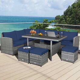 Gymax - 7PCS Rattan Patio Sectional Sofa Set Conversation Set w/ Cushions - Navy