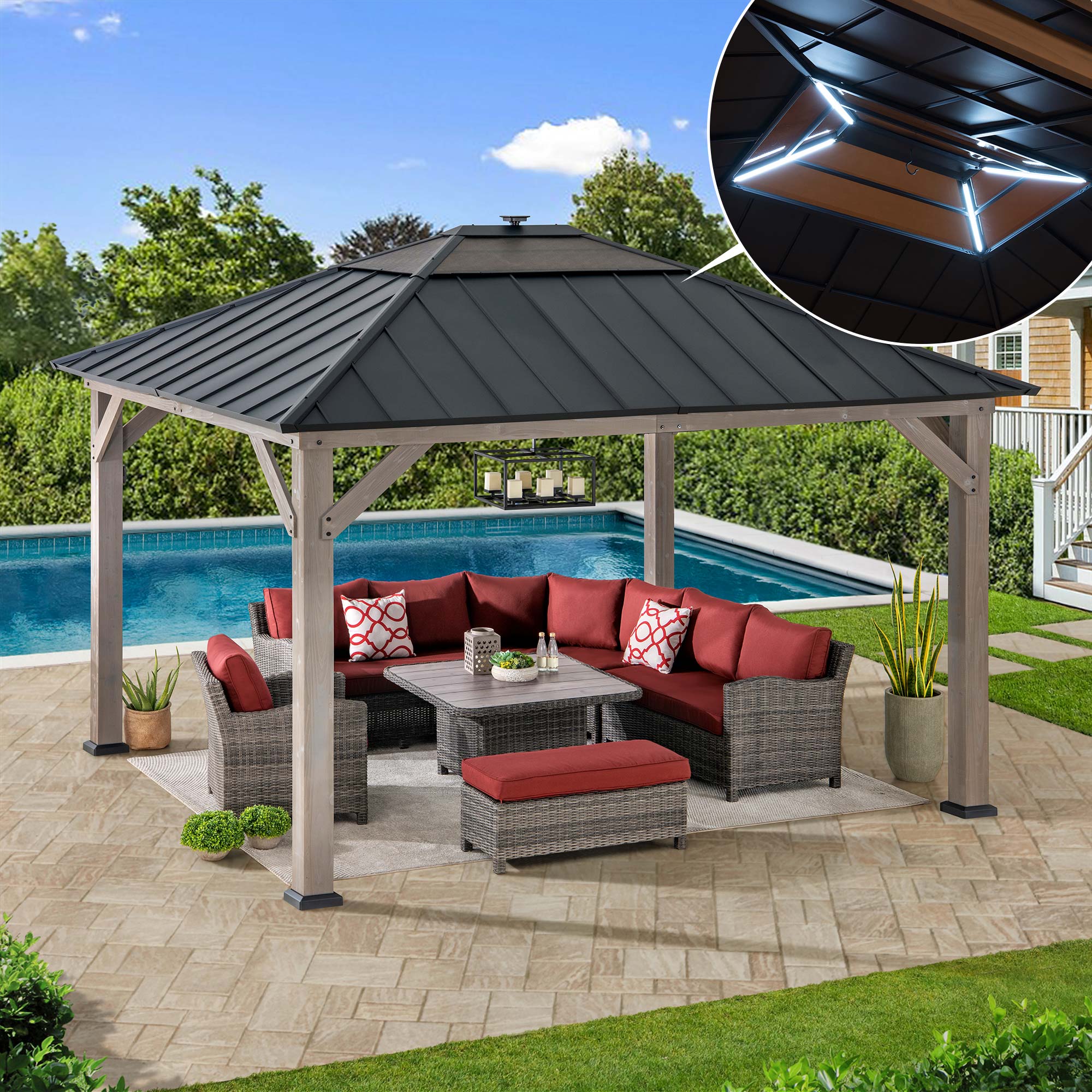 Alt View 4. SUNJOY - Sunjoy 11 ft. x 13 ft. Cedar Framed Gazebo with Steel and Polycarbonate Hip Roof with Solar Powered LED lights - Black - Black.