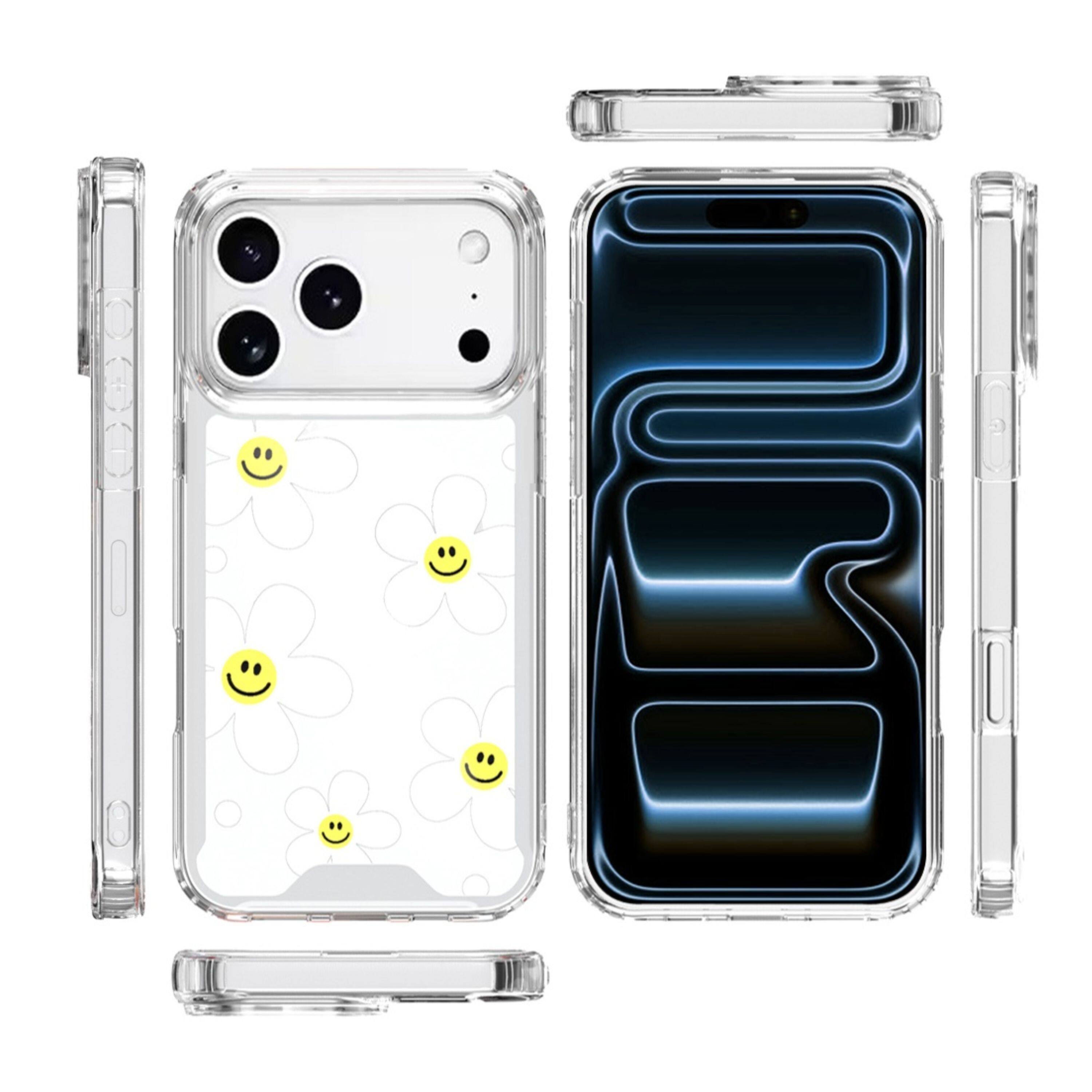 Angle. Kitcheniva - White Daisies Smiley Faces Design Clear TPU Phone Case With Tempered Glass For iPhone 17 Pro Max - Multicolor.