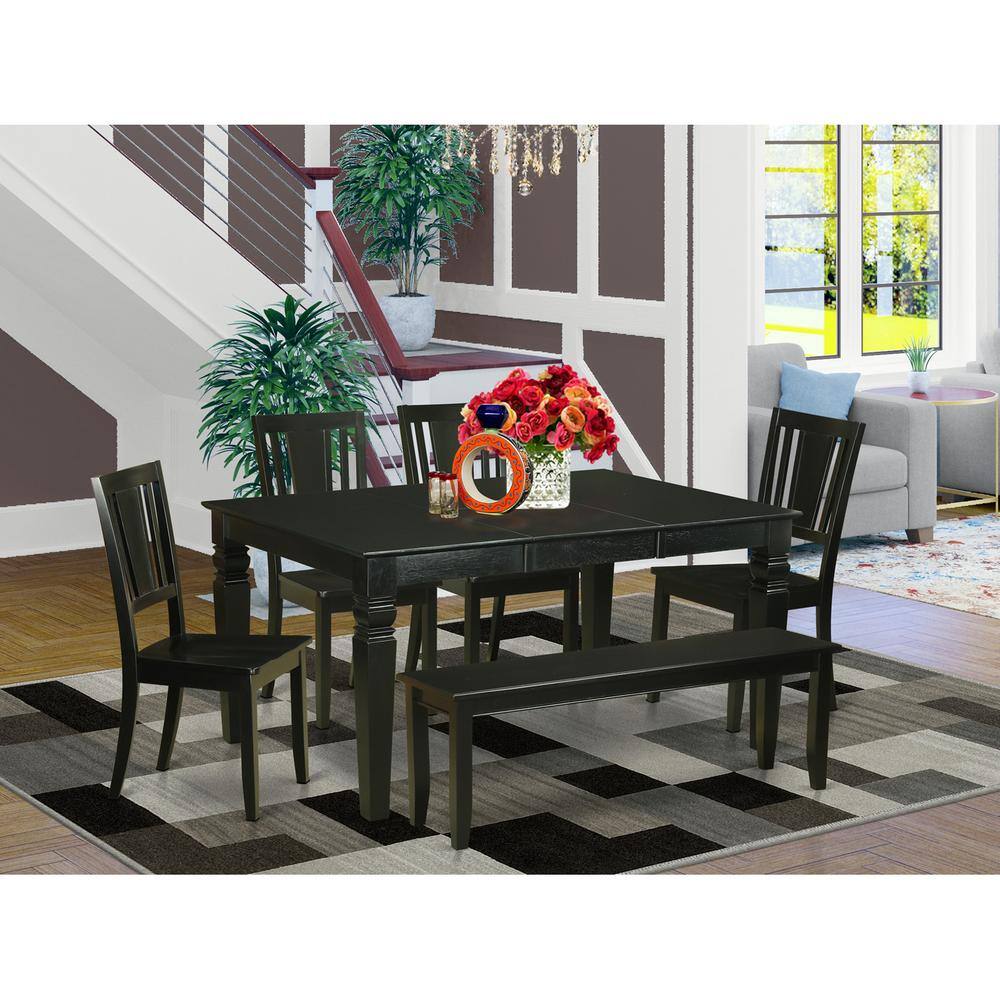 Back. East West Furniture - 6 Pc Dining room set - Dining Table and 4 Kitchen Chairs plus Bench - Black.