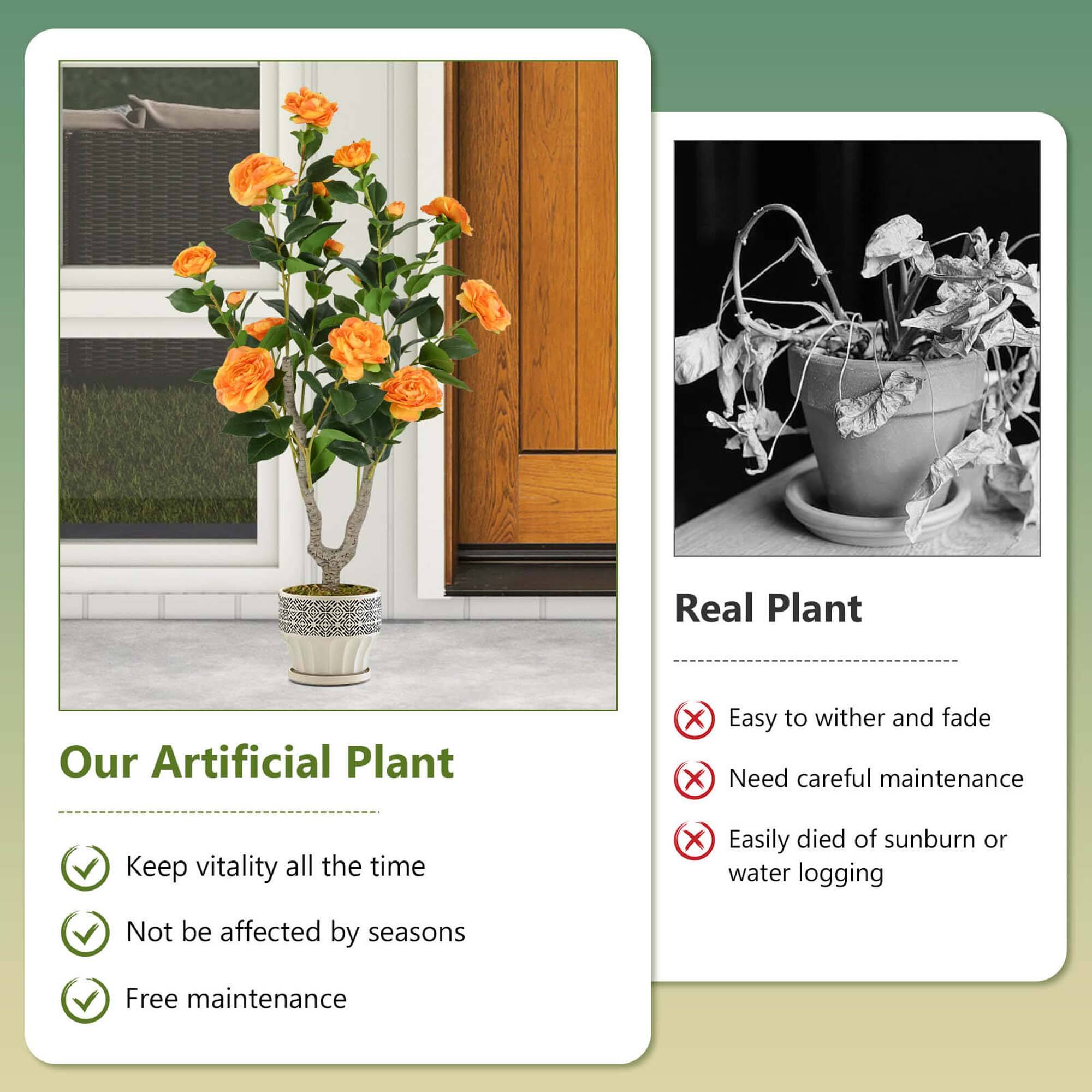 **Real Plant:**
- Easy to wither and fade
- Need careful maintenance
- Easily died of sunburn or water logging

**Our Artificial Plant:**
- Keep vitality all the time
- Not be affected by seasons
- Free maintenance