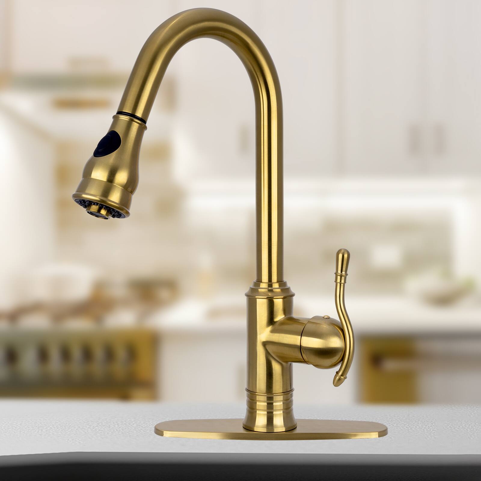 Alt View 4. Akicon - Akicon Solid Brass Single Handle Kitchen Faucet with Pull Down Sprayer in Brushed Gold - Brushed Gold.