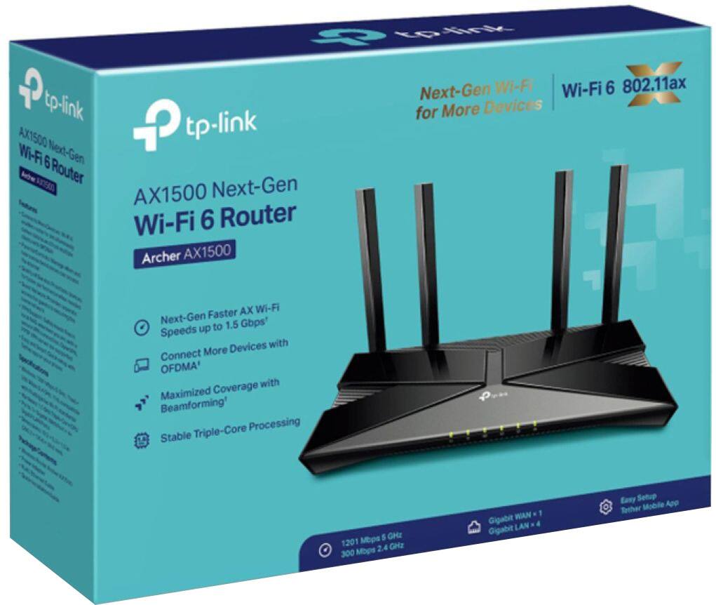 tp-link AX1500 Next-Gen Wi-Fi 6 Router  
Archer AX1500  

Next-Gen Wi-Fi for More Devices  
Wi-Fi 6 802.11ax  

- Next-Gen Faster AX Wi-Fi Speeds up to 1.5 Gbps*  
- Connect More Devices with OFDMA*  
- Maximized Coverage with Beamforming*  
- Stable Triple-Core Processing  

1201 Mbps 5 GHz  
300 Mbps 2.4 GHz  

Gigabit WAN + 1  
Gigabit LAN x 4  

Easy Setup  
Tether Mobile App  

tp-link