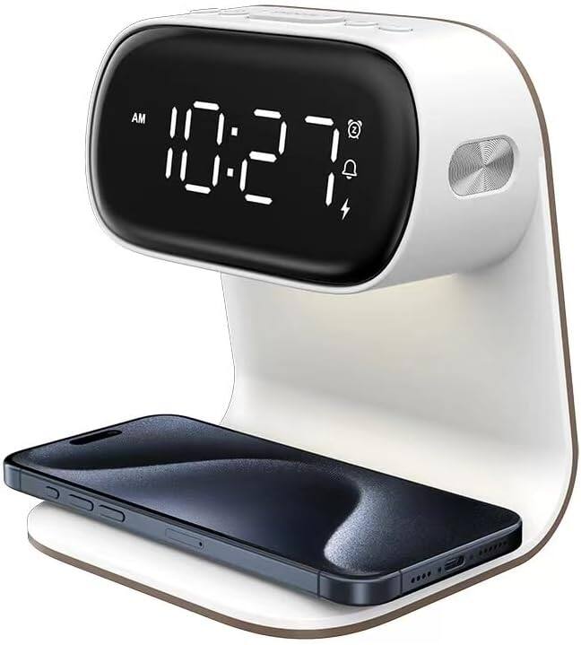 Front. Stamp n Camp - Digital Alarm Clock with Wireless Fast Charging Station 15W Touch Smart Lamp for Bedside,3 Colors Nightlight Adjustment - White+no Adapter.