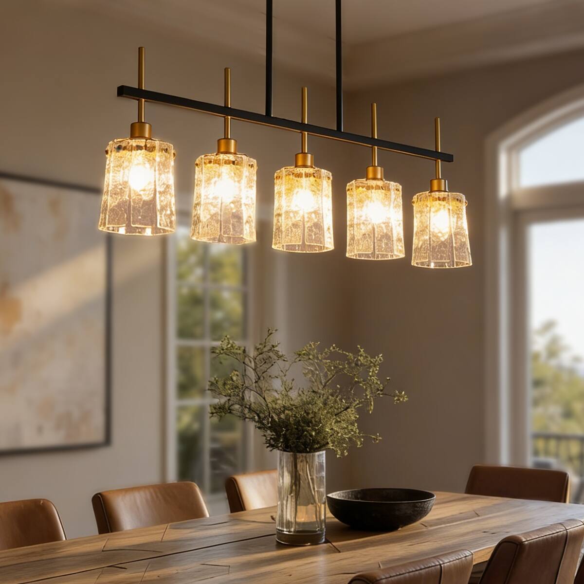 Left. Loheer - Loheer Five Light Linear Chandelier With Water Ripple Glass for Dining Room or Kitchen Island.