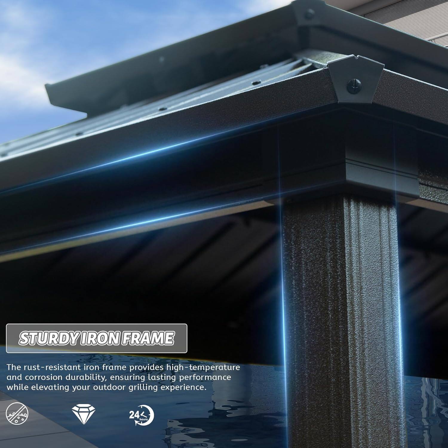 STURDY IRON FRAME

The rust-resistant iron frame provides high-temperature and corrosion durability, ensuring lasting performance while elevating your outdoor grilling experience.
