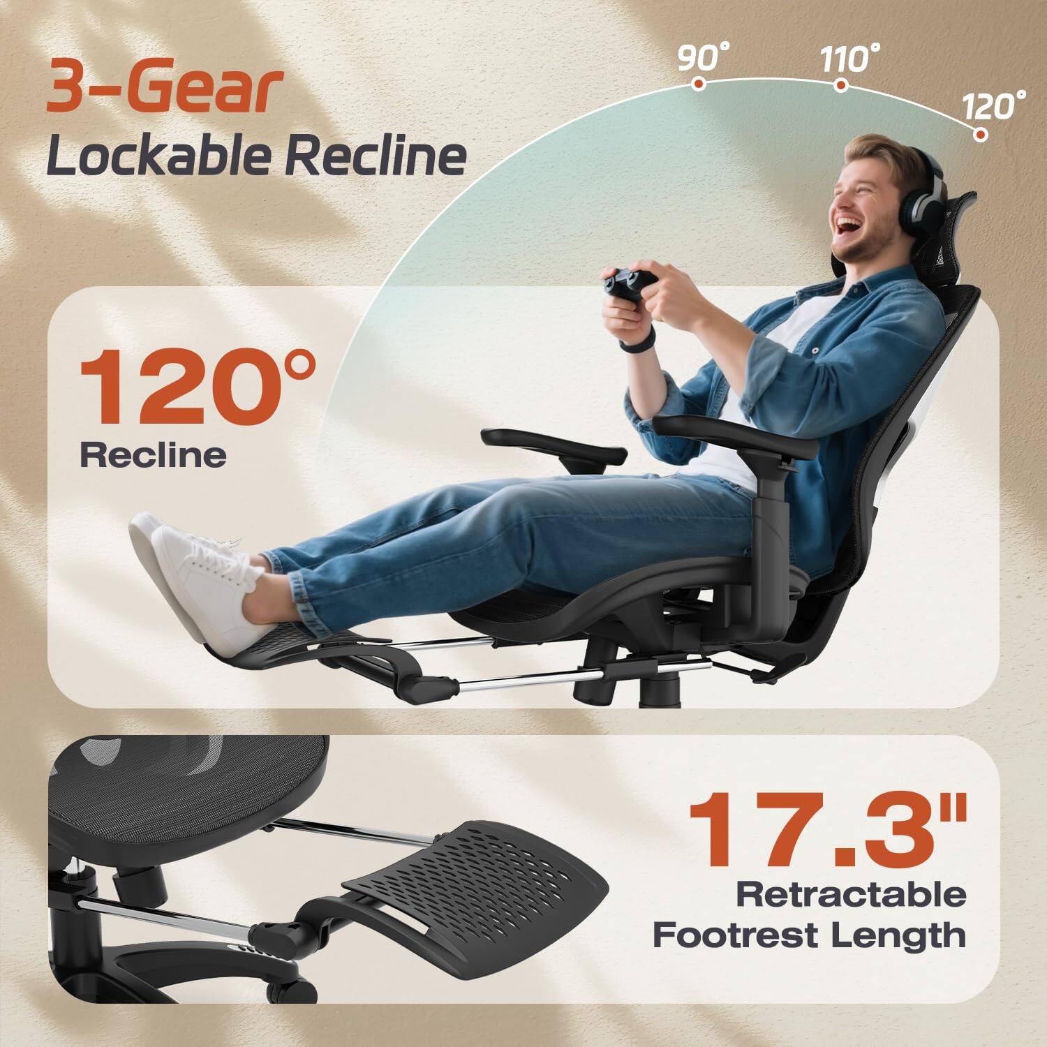 3-Gear Lockable Recline  
90° 110° 120°  
120° Recline  
17.3" Retractable Footrest Length
