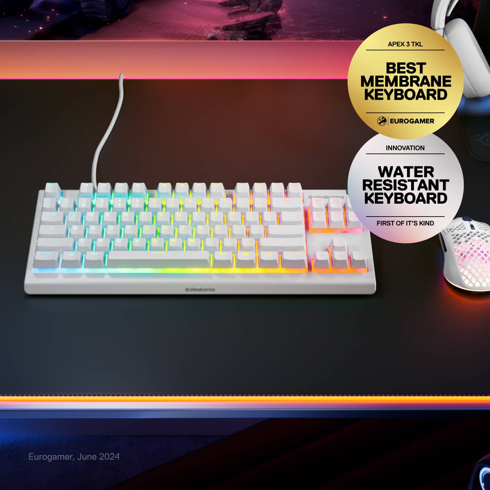 APEX 3 TKL BEST MEMBRANE KEYBOARD EUROGAMER INNOVATION AWARD WATER RESISTANT FIRST OF IT'S KIND.