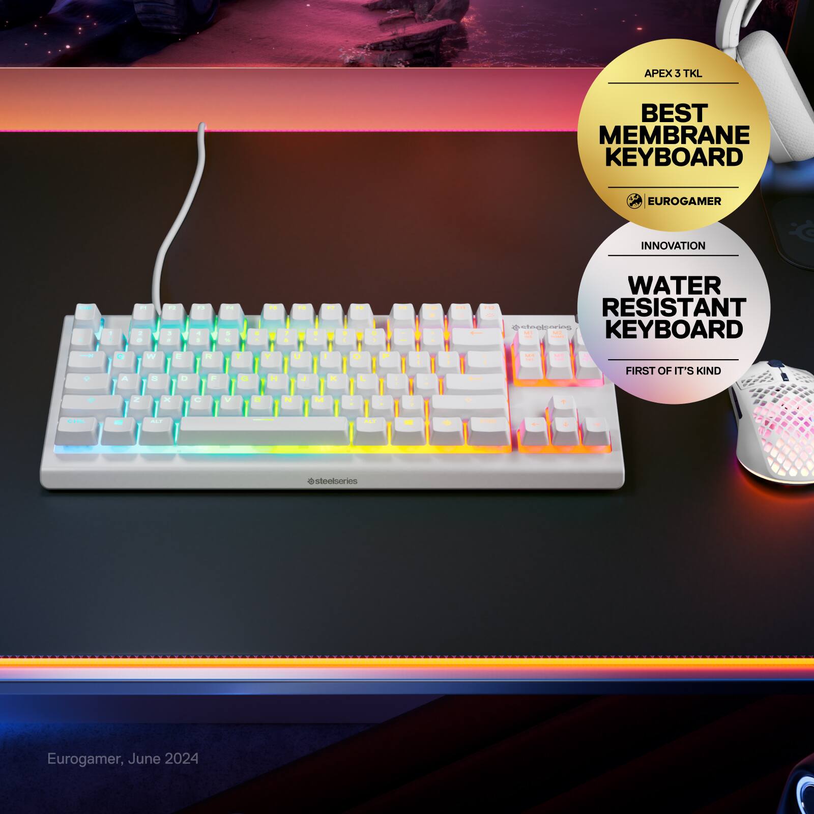APEX 3 TKL BEST MEMBRANE KEYBOARD EUROGAMER INNOVATION AWARD WATER RESISTANT FIRST OF IT'S KIND.