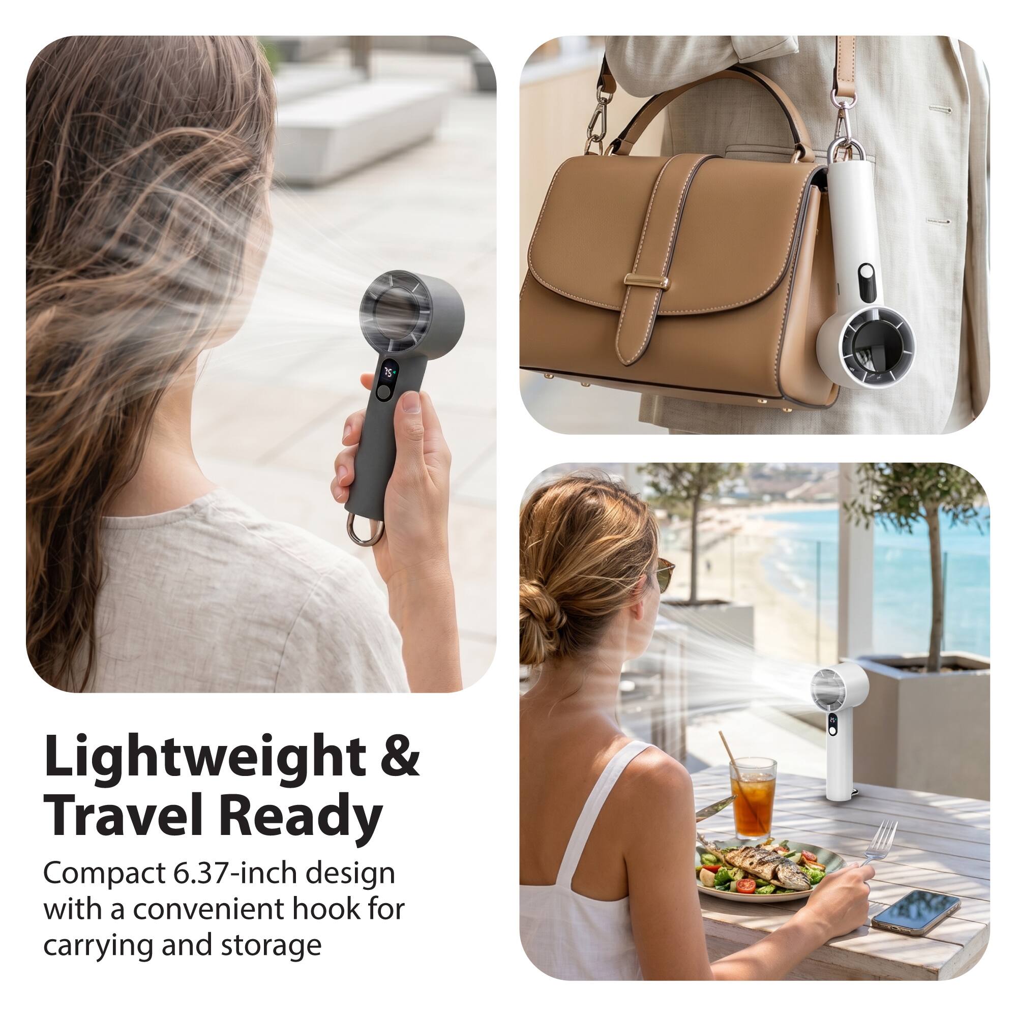 Lightweight & Travel Ready  
Compact 6.37-inch design with a convenient hook for carrying and storage