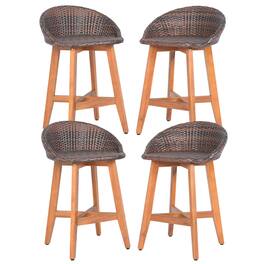 Costway - Outdoor Faux Rattan Bar Chairs Set of 4 Solid Acacia Wood Bar Stools for Porch - Brown