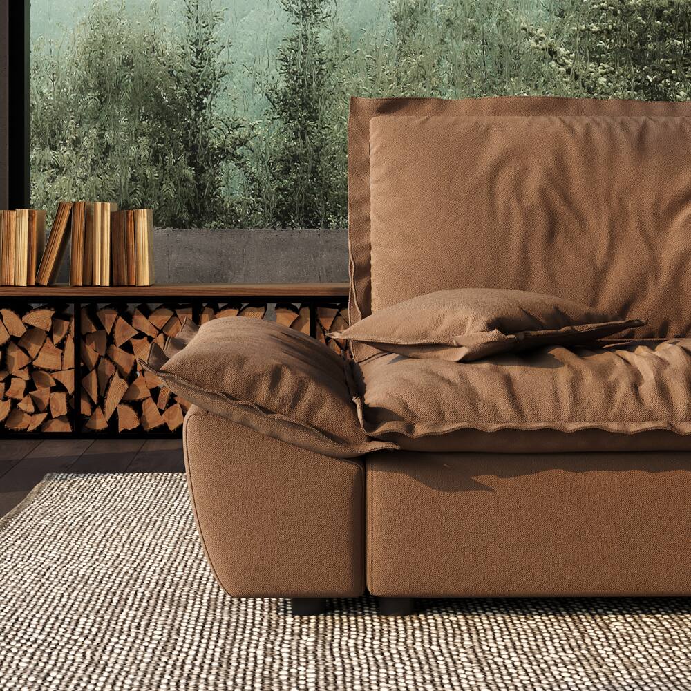 Alt View 3. POVISON - Modern Beige Sleeper Sofa with 2 Ottomans - Brown Suede Fabric.