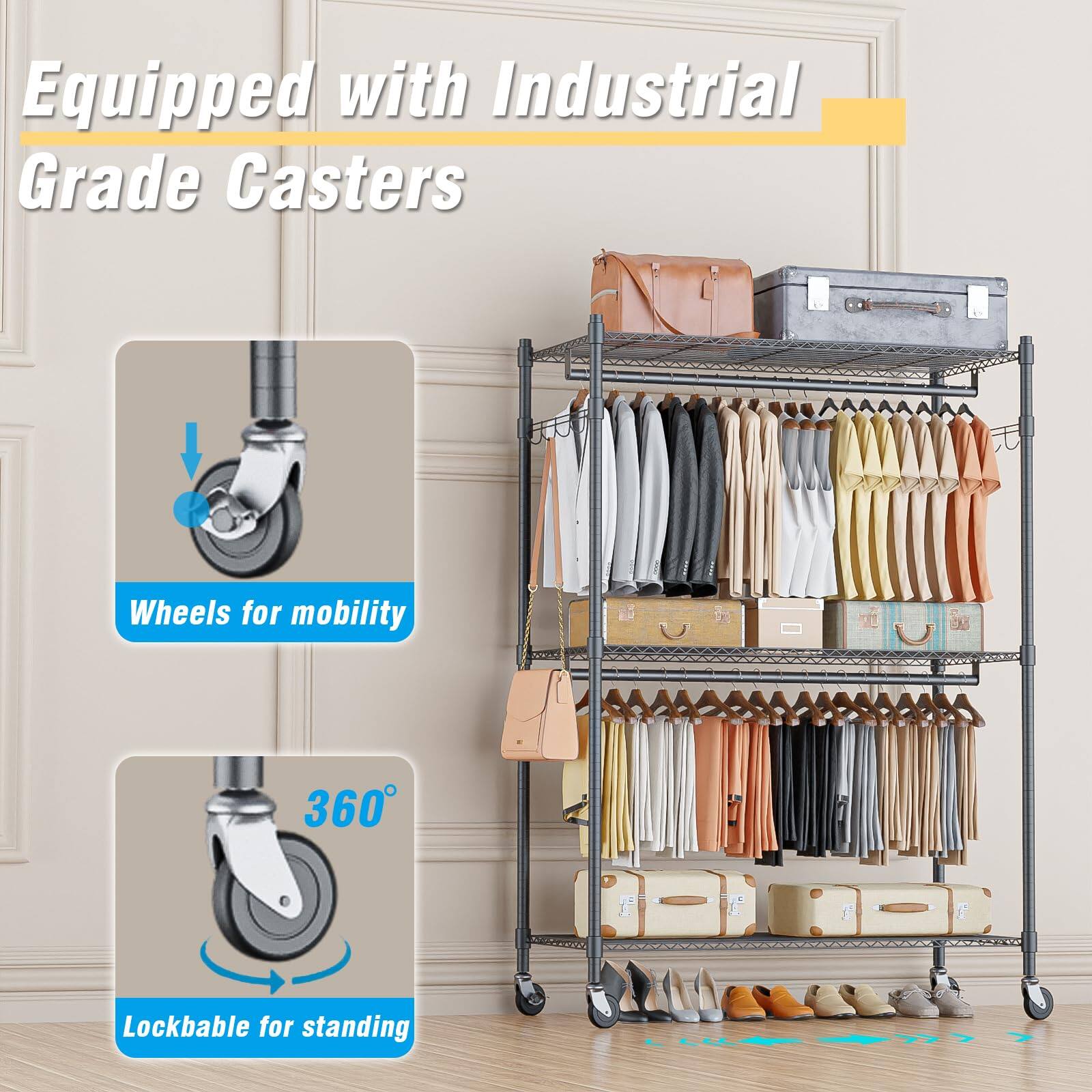 Equipped with Industrial Grade Casters

- Wheels for mobility
- 360° Lockable for standing