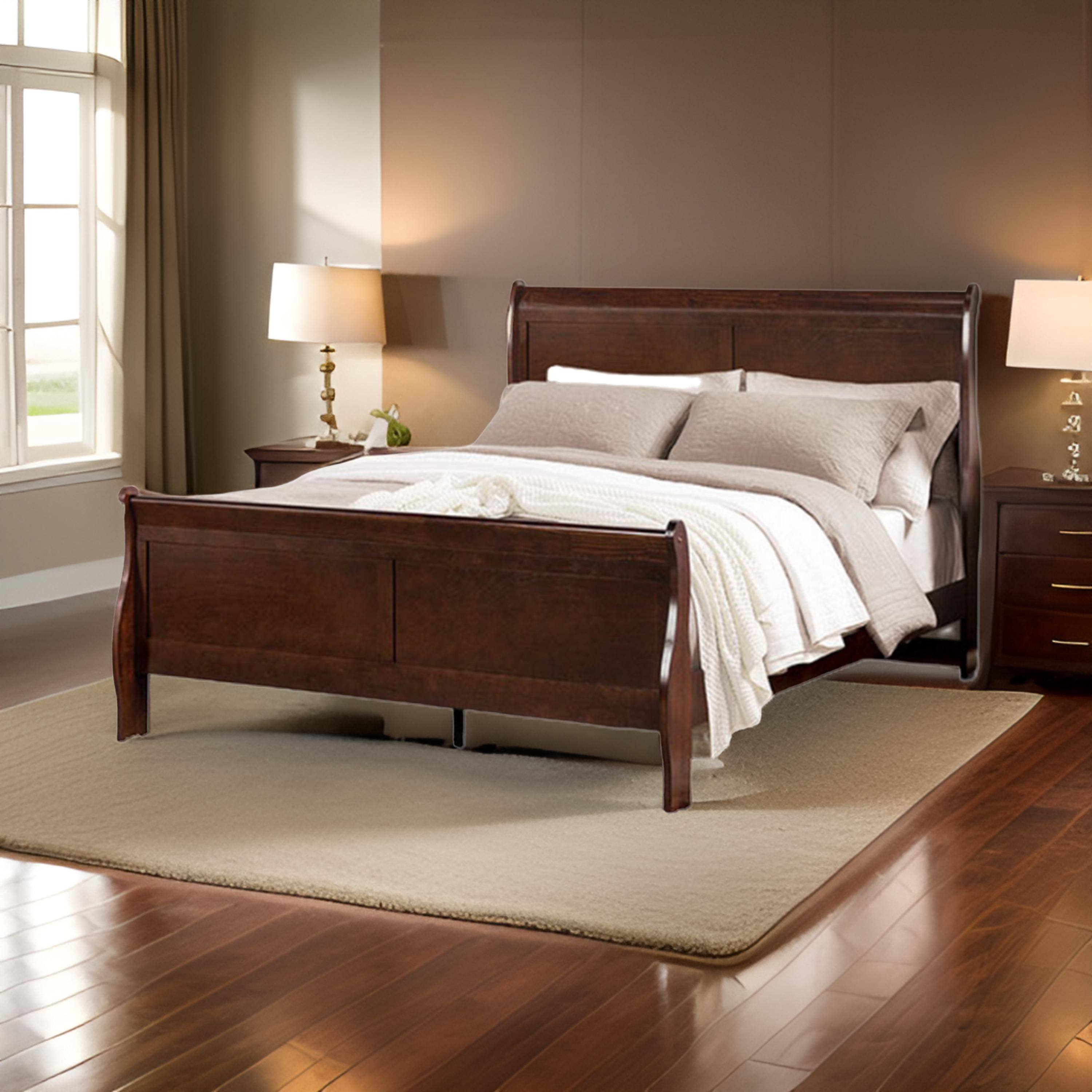 Alt View 5. Manhattan Lane - Ryla Twin Size Bed, Sleigh Panel Headboard, Dark Cherry Brown Solid Wood - Cherry Brown.