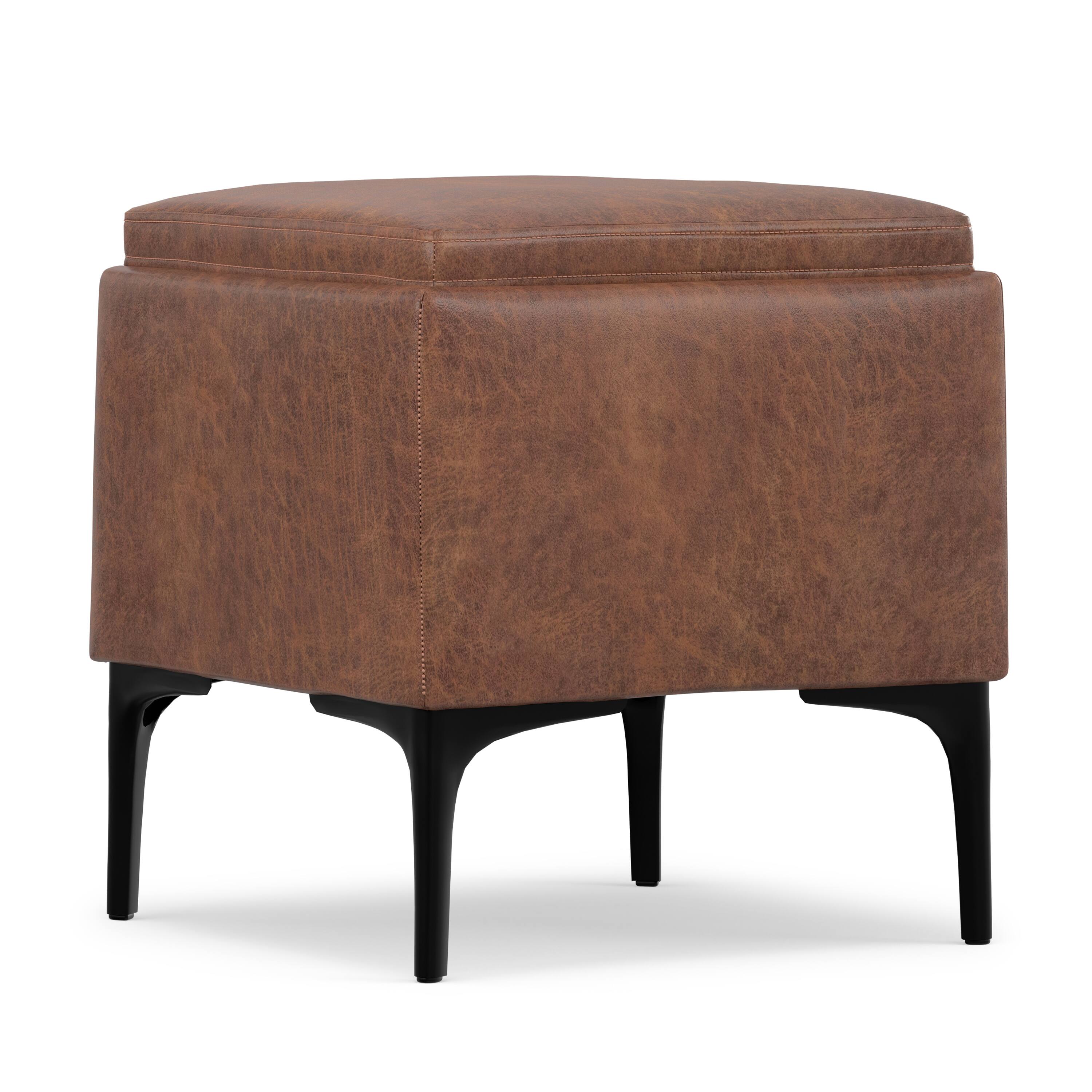 Alt View 3. Simpli Home - Natasha 18 inch Square Mid Century Storage Ottoman with Tray in Distressed Saddle Brown  Vegan Faux Leather, Assembled - Distressed Saddle Brown.
