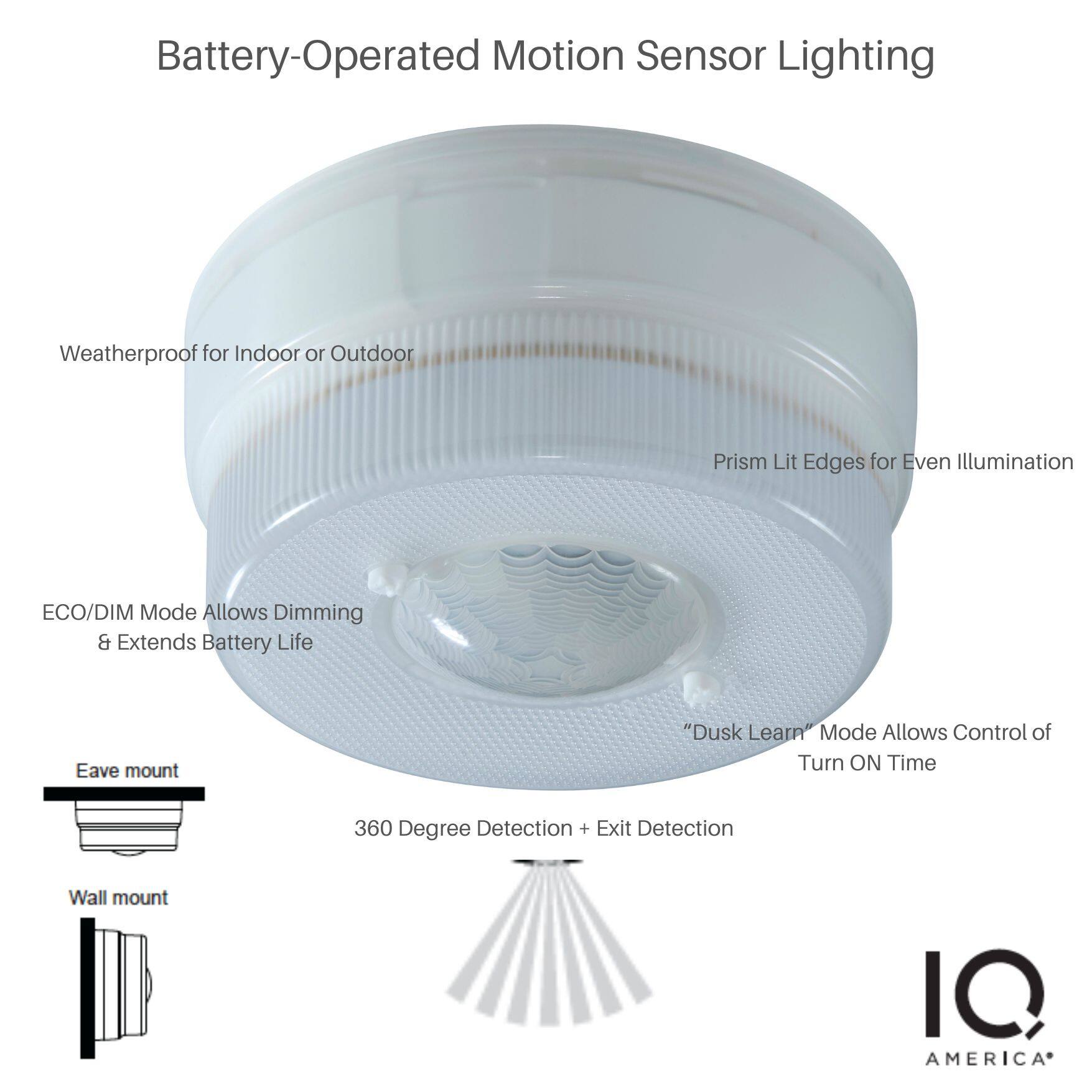 Battery-Operated Motion Sensor Lighting

- Weatherproof for Indoor or Outdoor
- Prism Lit Edges for Even Illumination
- ECO/DIM Mode Allows Dimming & Extends Battery Life
- "Dusk Learn" Mode Allows Control of Turn ON Time
- 360 Degree Detection + Exit Detection
- Eave mount
- Wall mount

IQ AMERICA