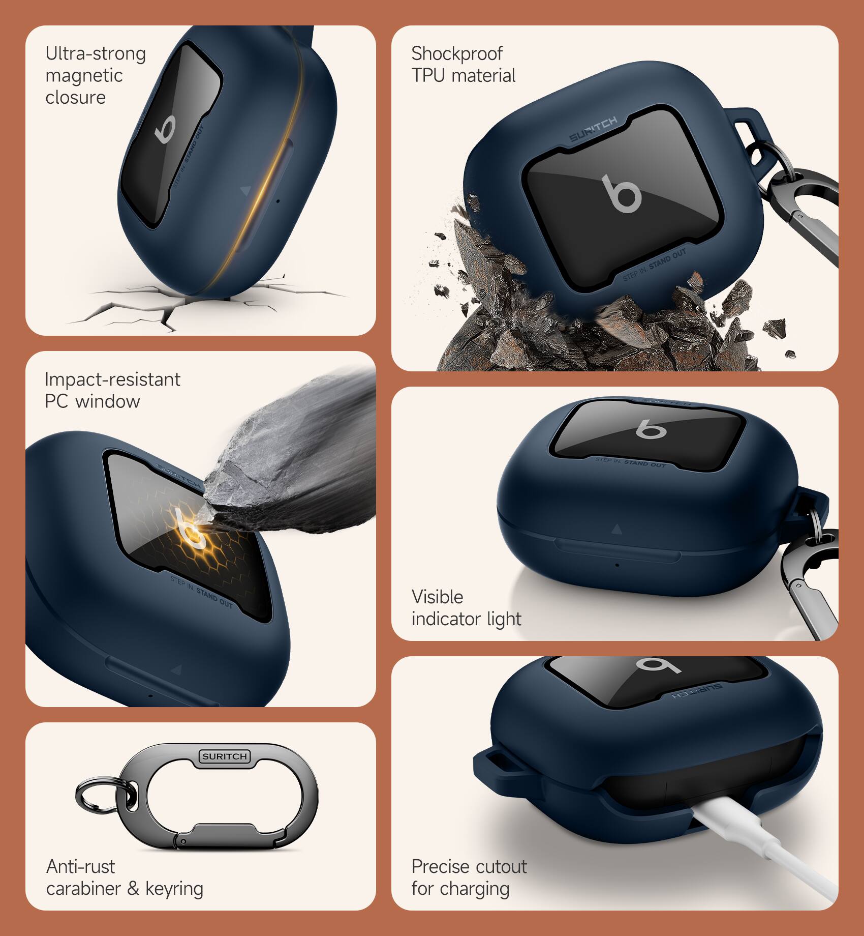 Ultra-strong magnetic closure  
Shockproof TPU material  
Impact-resistant PC window  
Visible indicator light  
Anti-rust carabiner & keyring  
Precise cutout for charging