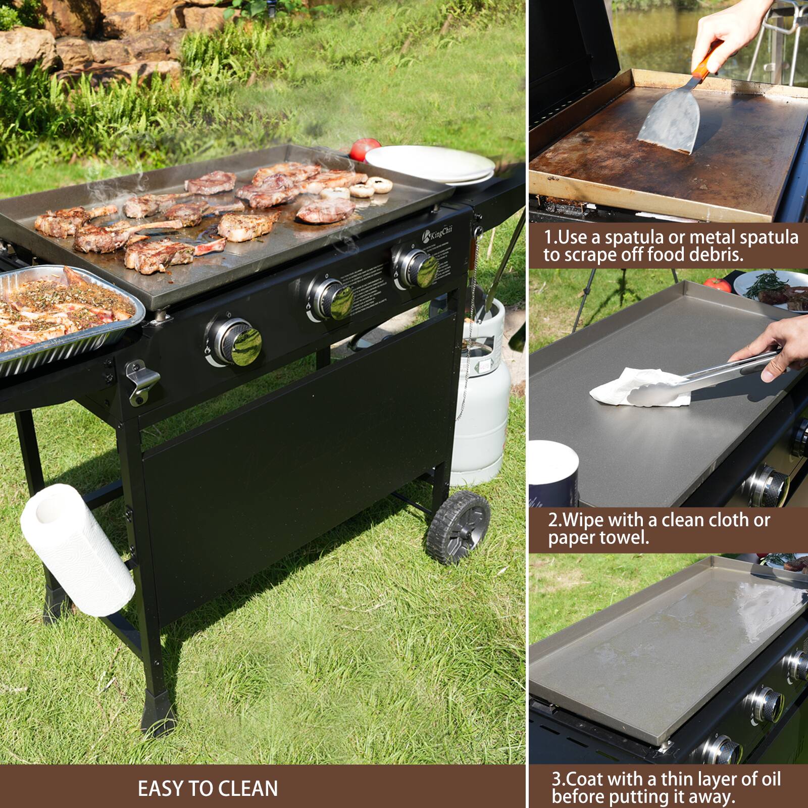 1. Use a spatula or metal spatula to scrape off food debris.
2. Wipe with a clean cloth or paper towel.
3. Coat with a thin layer of oil before putting it away.