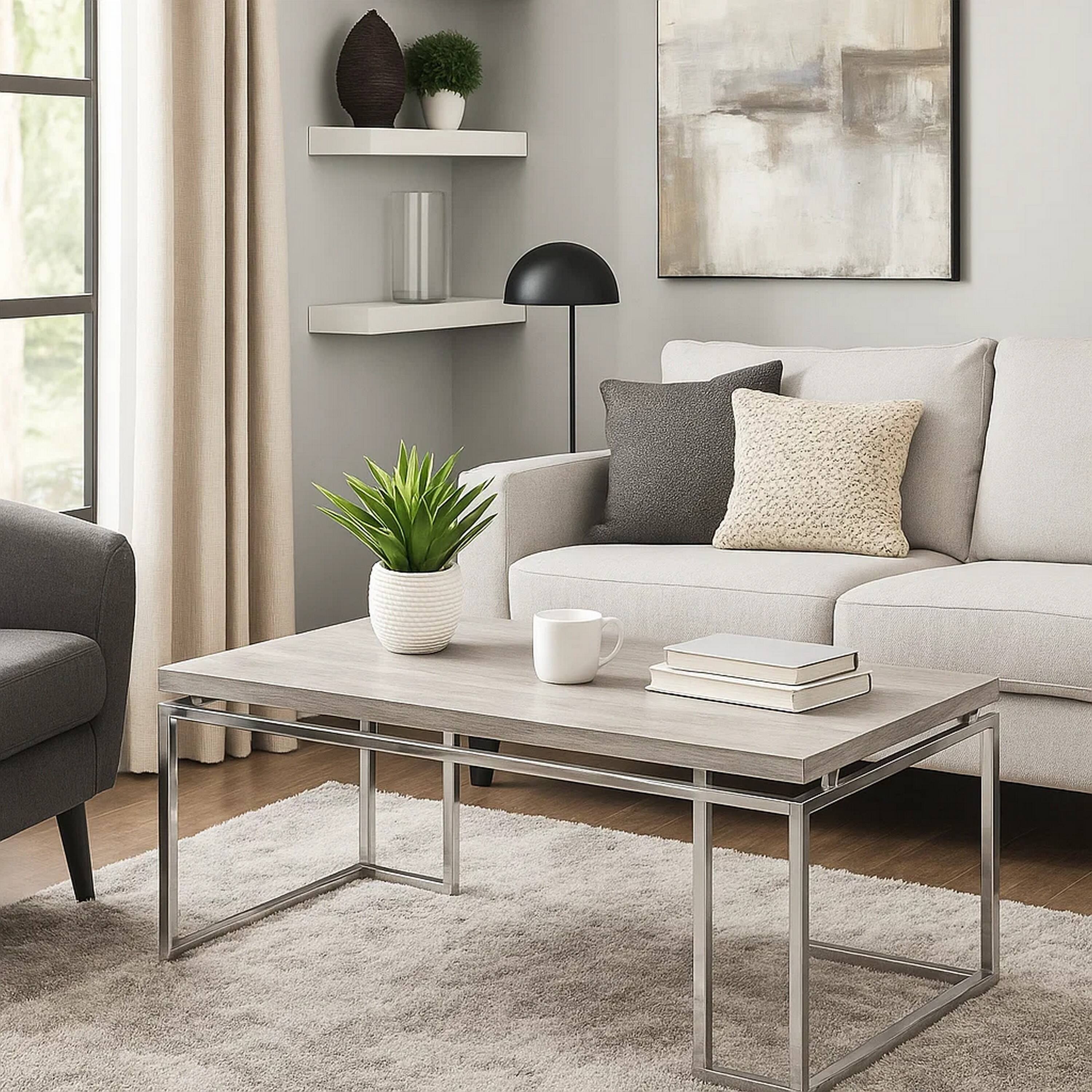 Alt View 6. Manhattan Lane - Coffee Table with Rectangular Tabletop and Metal Legs - Silver and Brown.