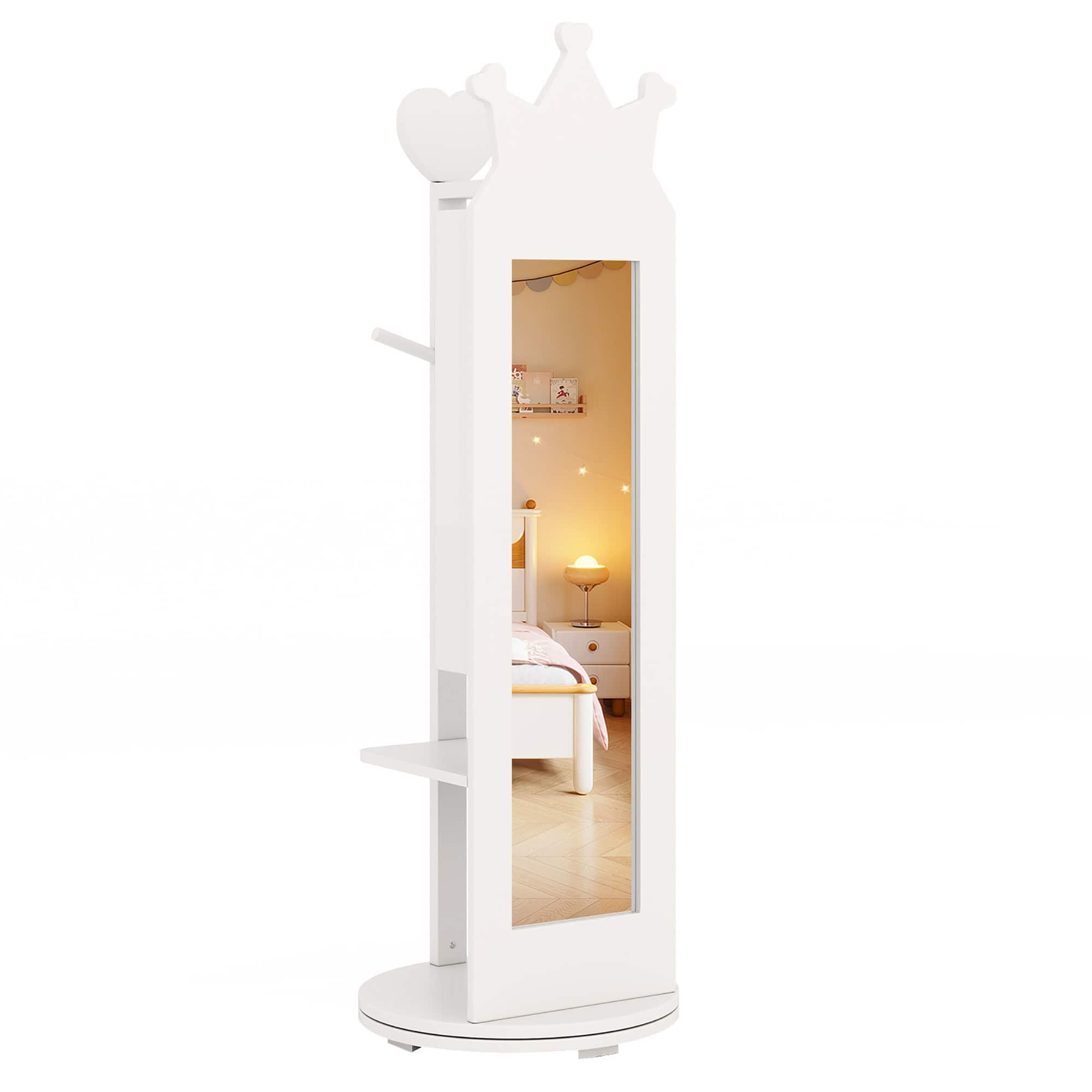 Gymax - Kids Jewelry Cabinet Standing Children Jewelry Organizer w/ Full-Length Mirror - White