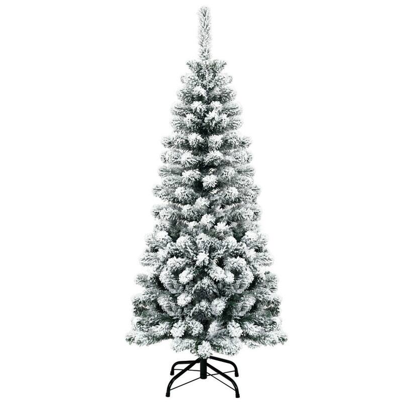 Front. WELLFOR - 4.5 FT Unlit Snow‑Flocked Artificial Pencil Christmas Tree with 242 Hinged Branch Tips for Indoor Xmas Holiday Decor - White & Green.