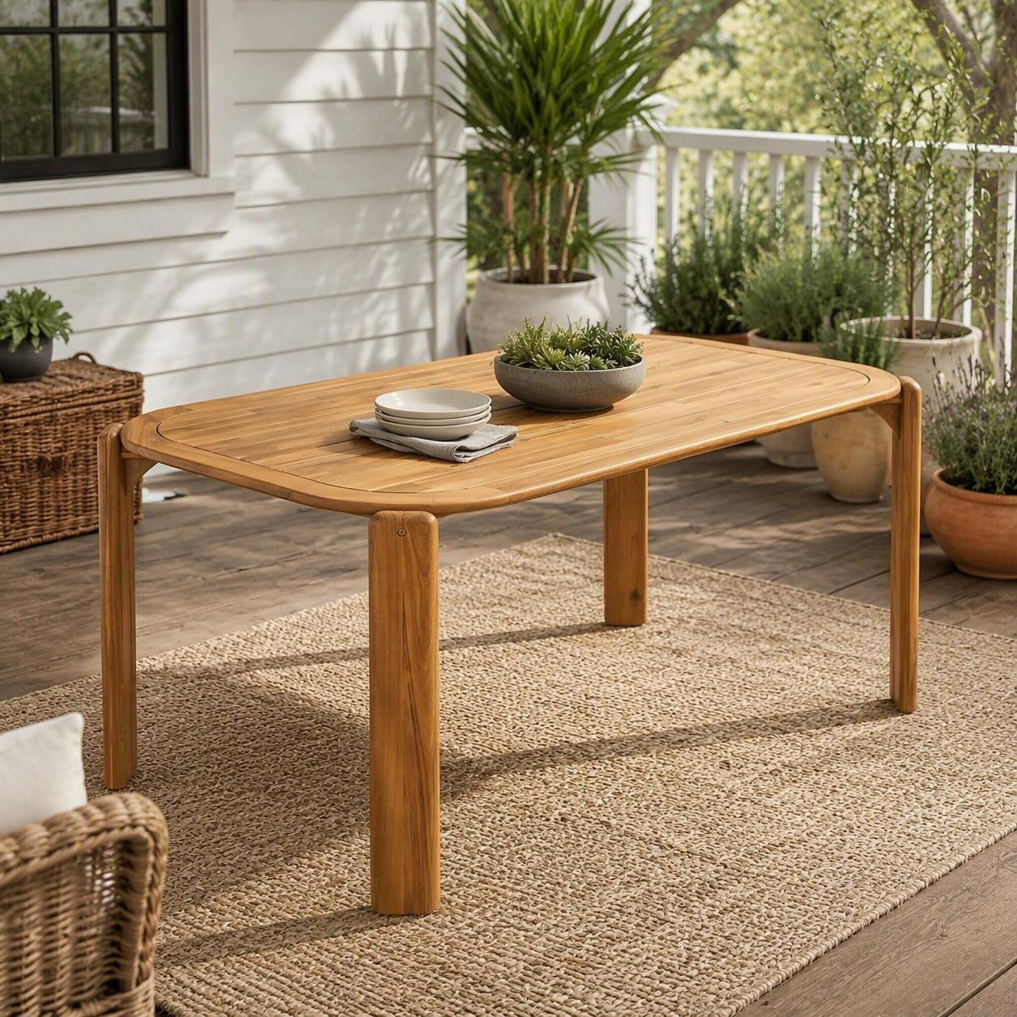 Left. RYHNUYNE - Acacia Wood Outdoor Dining Table, Teak Finish Slat Design Patio Table For Garden, Backyard And Deck Use - Teak.