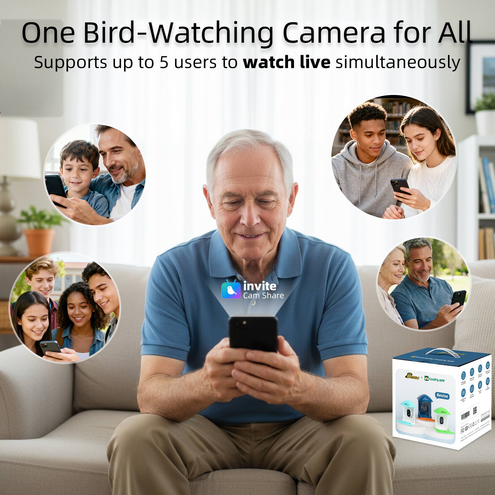 One Bird-Watching Camera for All  
Supports up to 5 users to watch live simultaneously  

Invite Cam Share