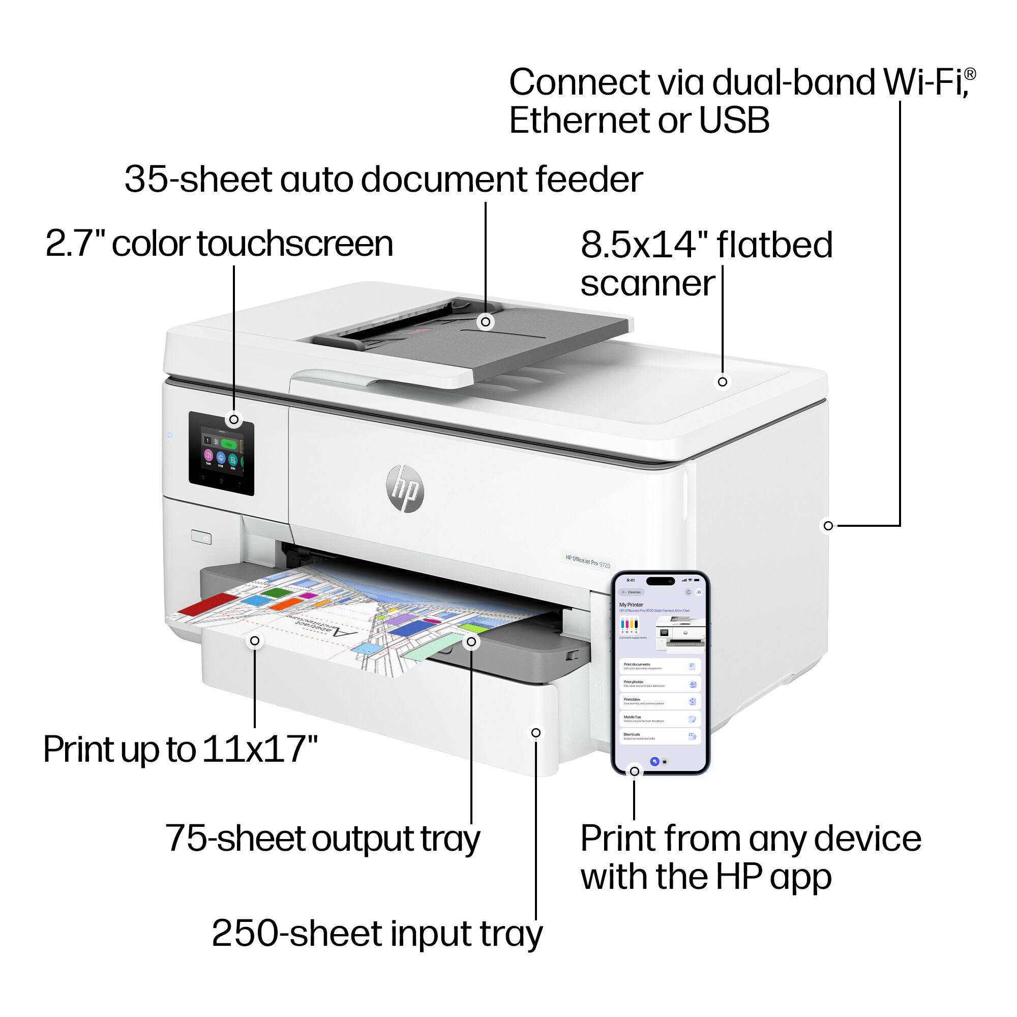 Connect via dual-band Wi-Fi® Ethernet or USB  
35-sheet auto document feeder  
2.7" color touchscreen  
8.5x14" flatbed scanner  
Print up to 11x17"  
75-sheet output tray  
250-sheet input tray  
Print from any device with the HP app
