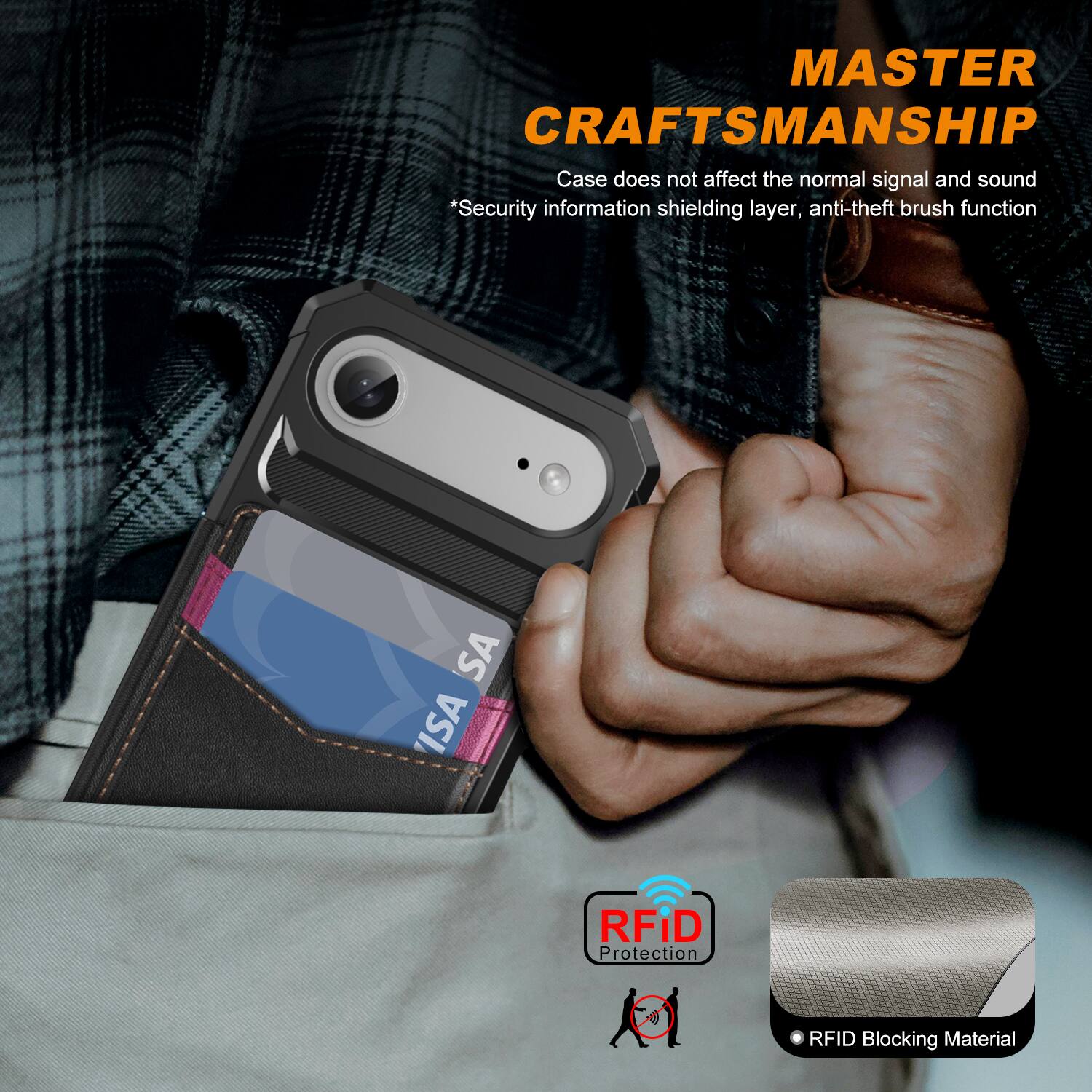 MASTER CRAFTSMANSHIP  
Case does not affect the normal signal and sound  
*Security information shielding layer, anti-theft brush function  
SA ISA RFID Protection  
RFID Blocking Material