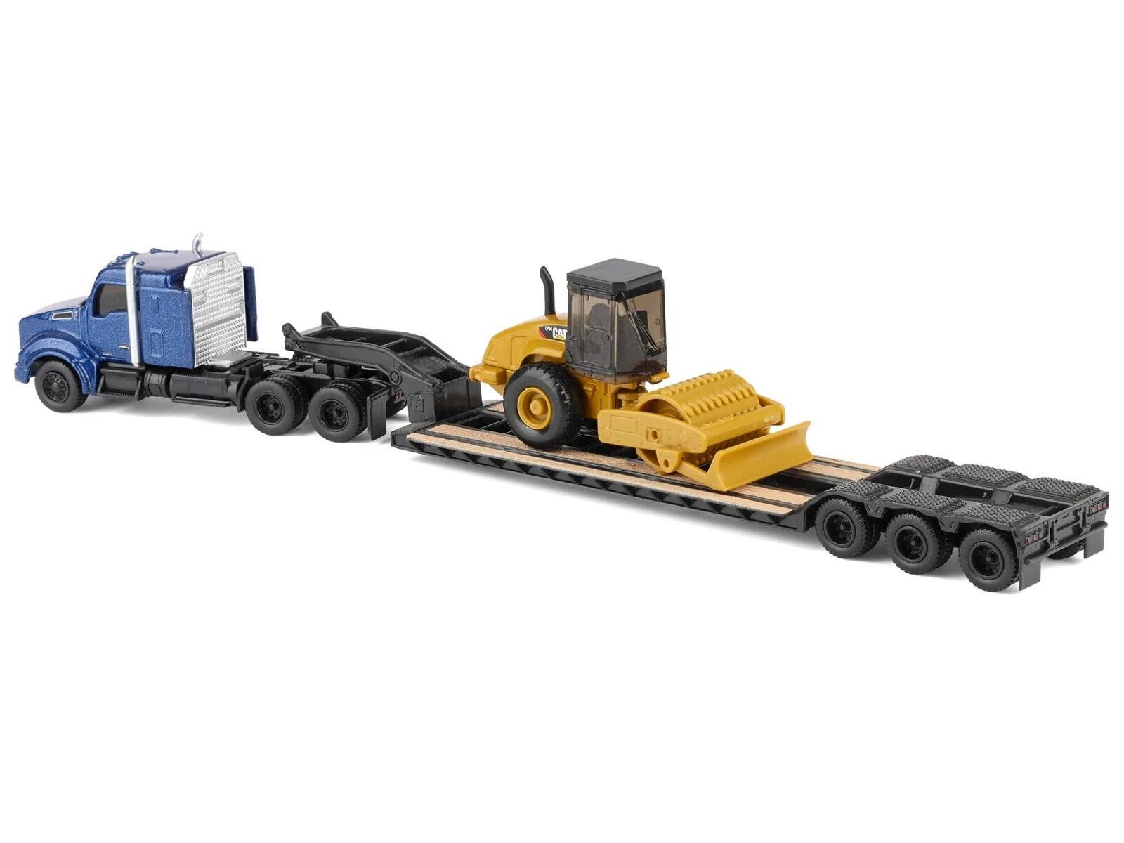 Alt View 1. Diecast Masters - Kenworth T880 Tractor Blue Metallic with Trailer and CAT Padfoot Roller Yellow 1/87 (HO) Scale Model by Diecast Masters.