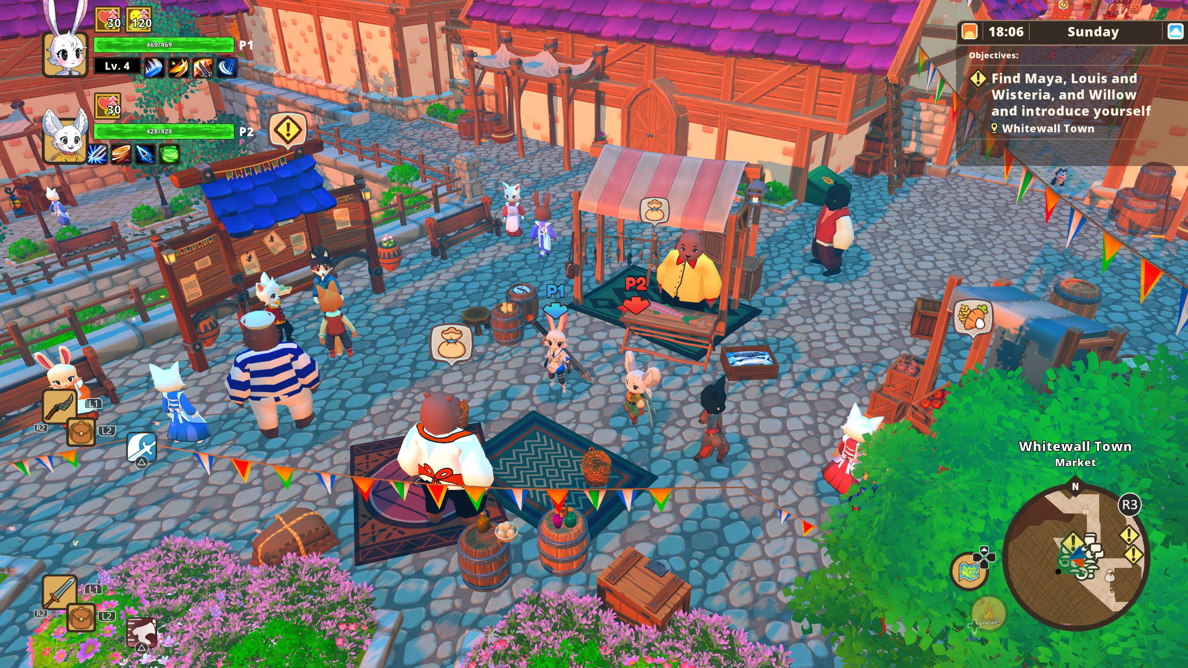30 120 469/469 Lv. 4 30 422/42

P1 P2

18:06 Sunday

Objectives: Find Maya, Louis and Wisteria, and Willow and introduce yourself! Whitewall Town

P1
P2
12

Whitewall Town Market
N
R3
I
LTD
R2
L2